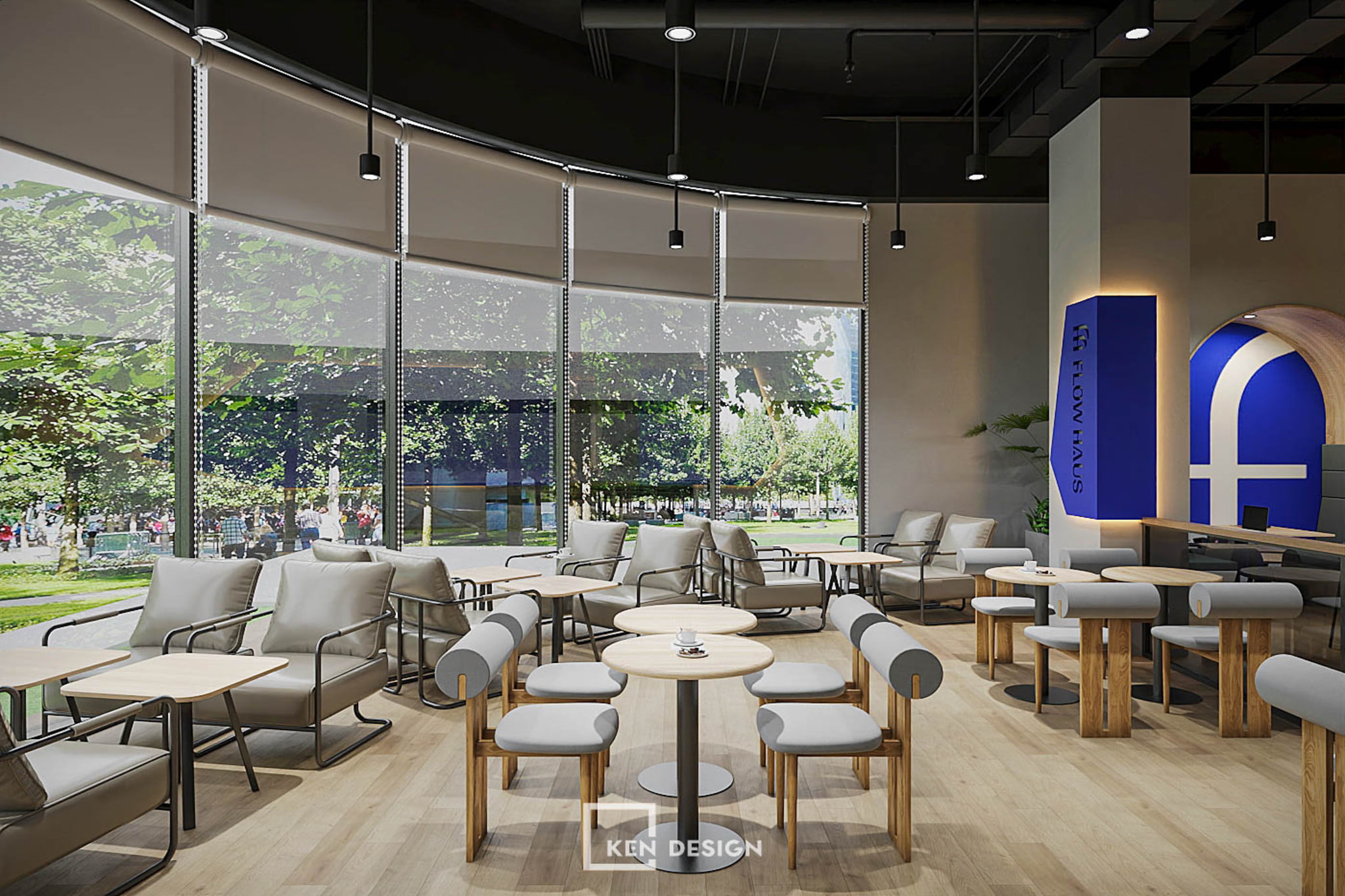 Curved Glass Partition, Roller Blinds, and Sofa Seating in a Modern Coffee Shop Design