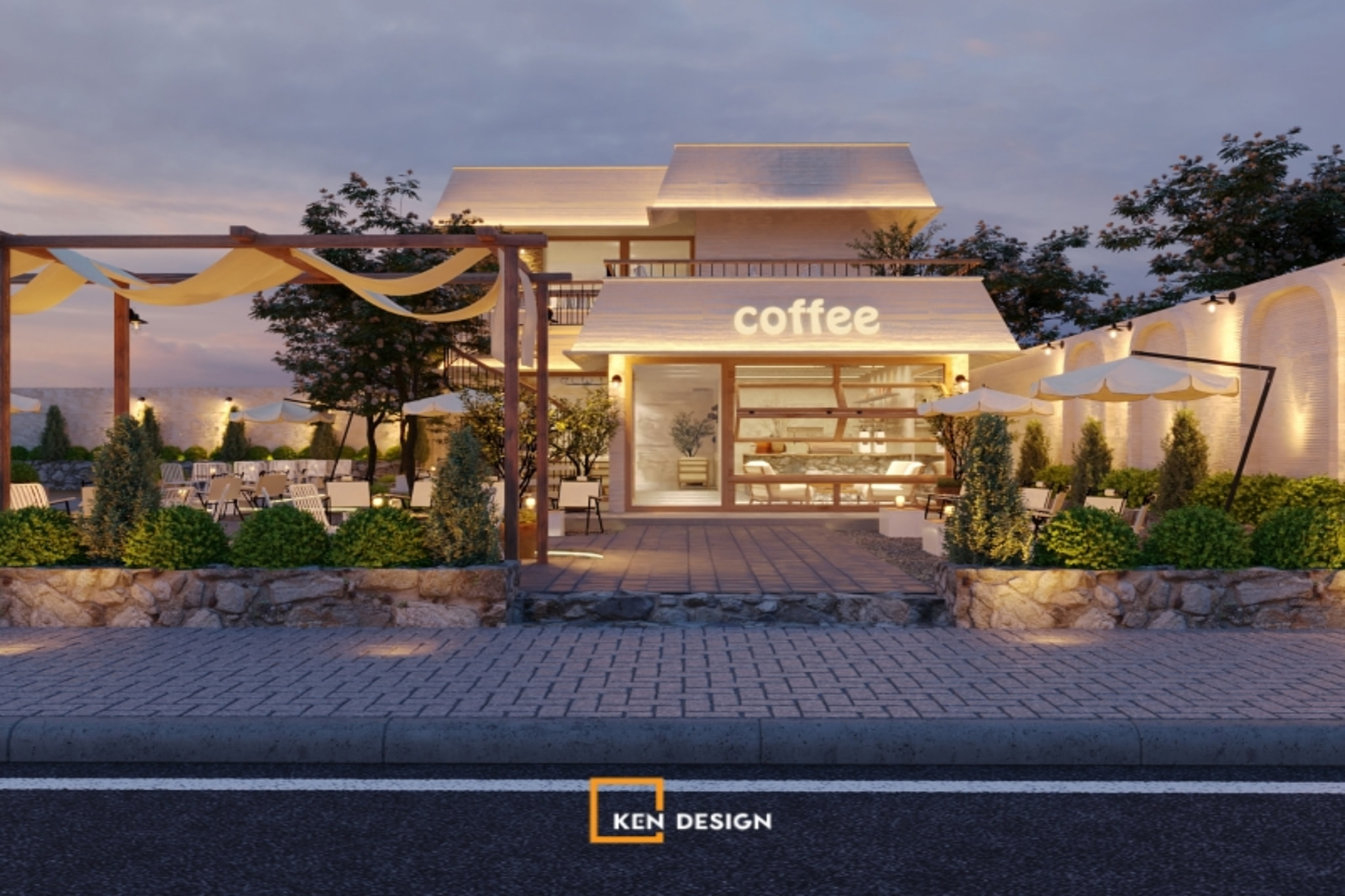 Front Courtyard Featuring Commercial Umbrellas, Pergola Structure, and White Archway Walls in a Modern Coffee Shop Design