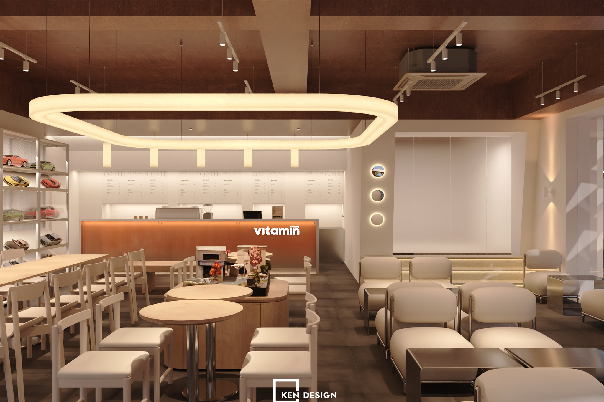 Orange-Toned Bar Counter with Overhead Large Ring Pendant Light in a Modern Coffee Shop Design