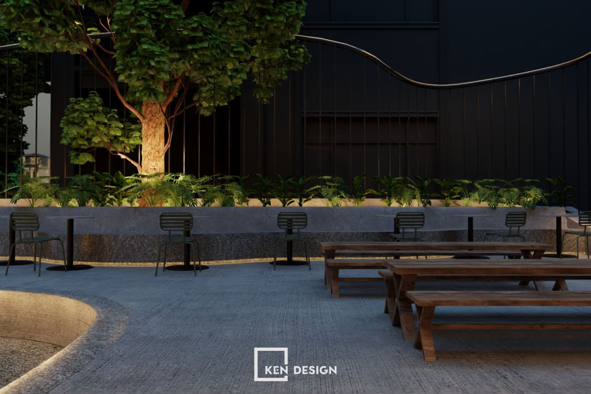 Long Wooden Community Table, Metal Seating, and Polished Concrete Flooring in a Cost-Effective Modern Coffee Shop Design