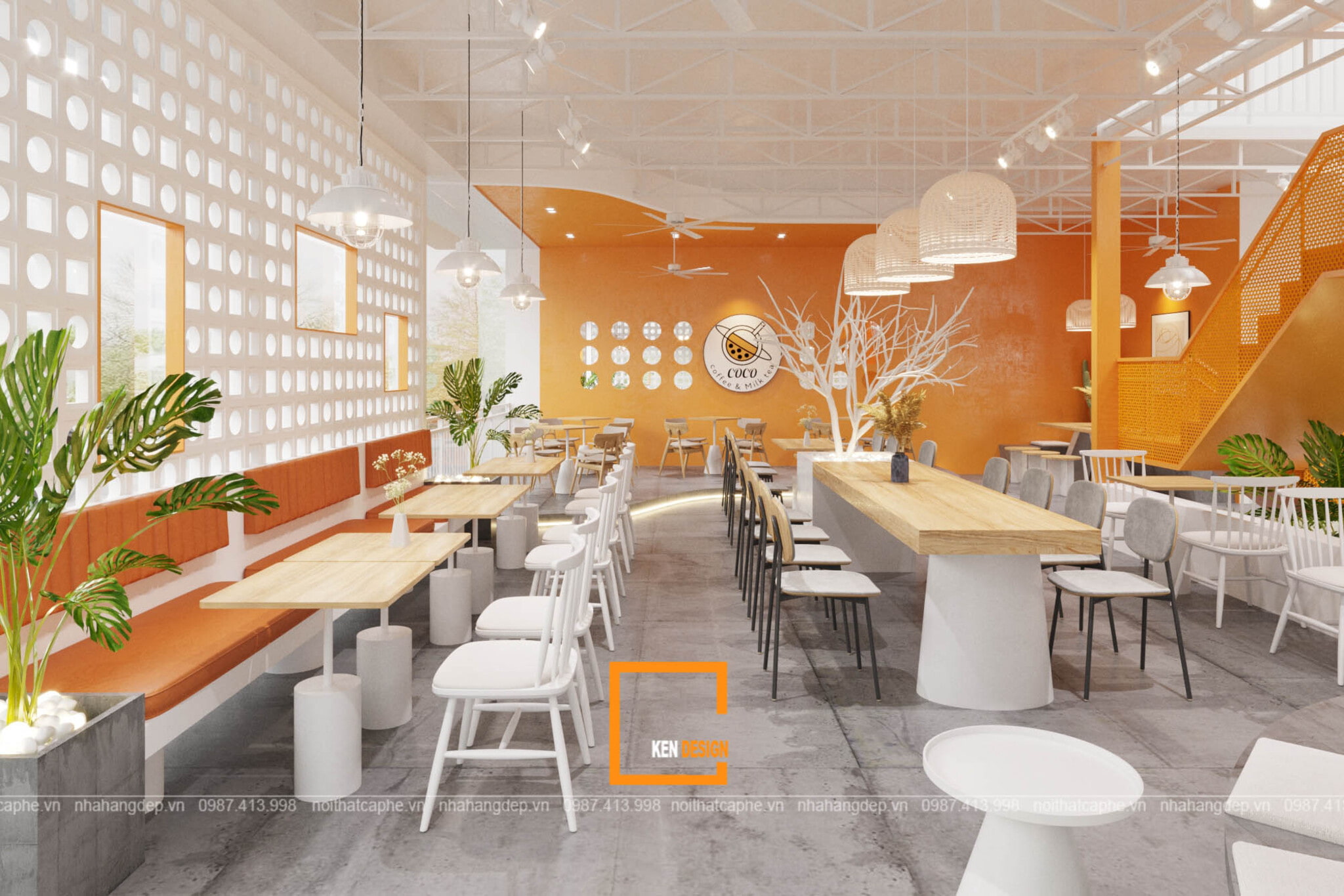 Accent Orange Wall and White Breeze Block Feature Wall in a Modern Coffee Shop Design
