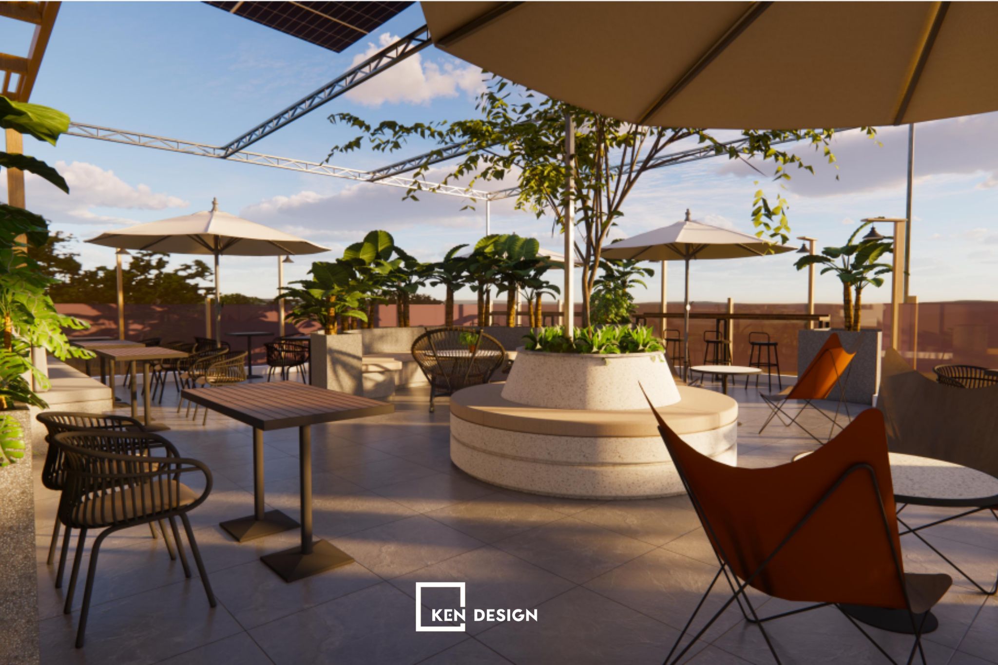 Circular Banquette Bench Encircling a Central Feature Tree and Shade Umbrellas on a Rooftop Terrace in a Modern Coffee Shop Design