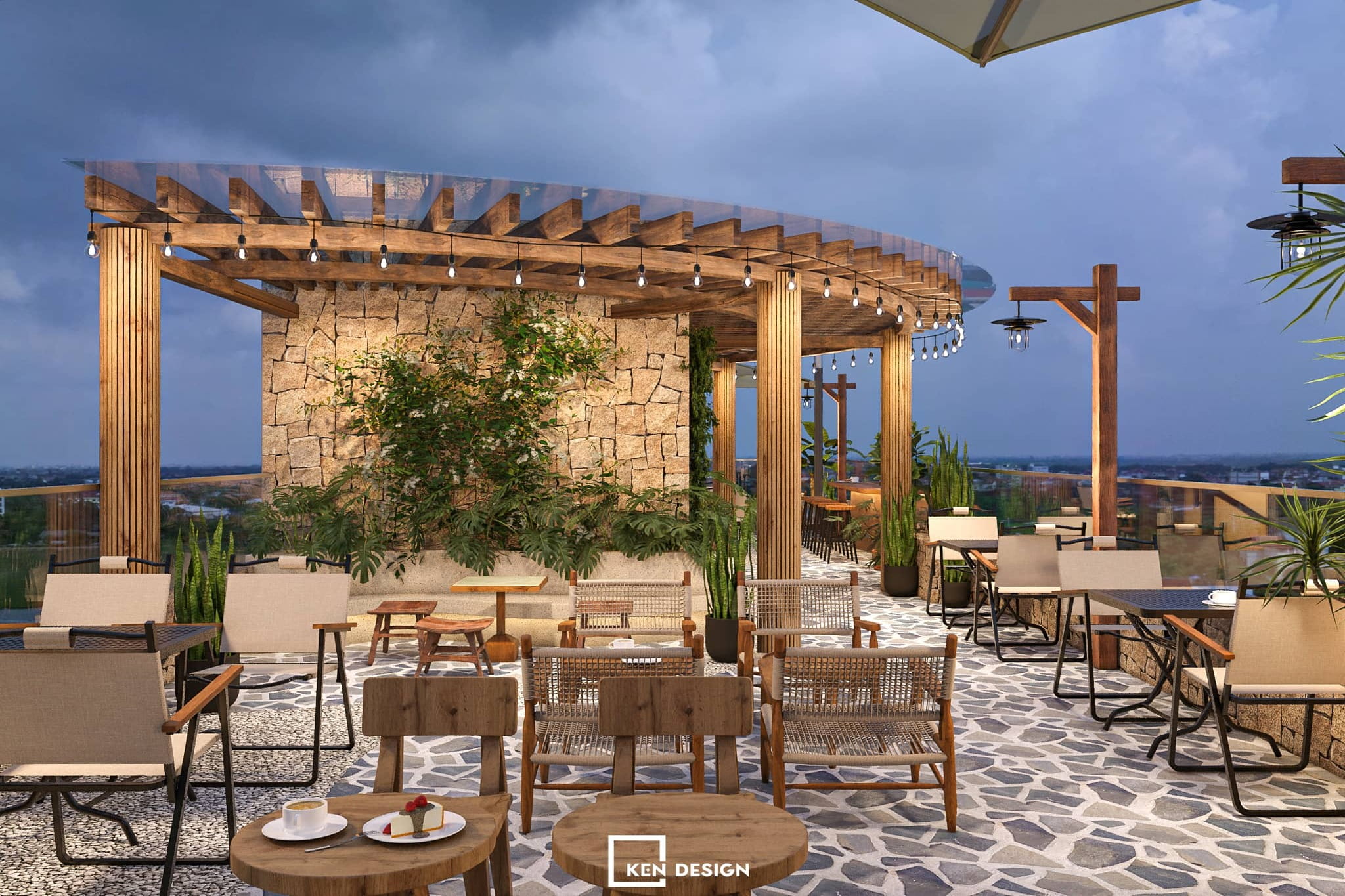 Rooftop Terrace Featuring Timber Pergola, Stacked Stone Walls, and Climbing Vines in a Modern Coffee Shop Design