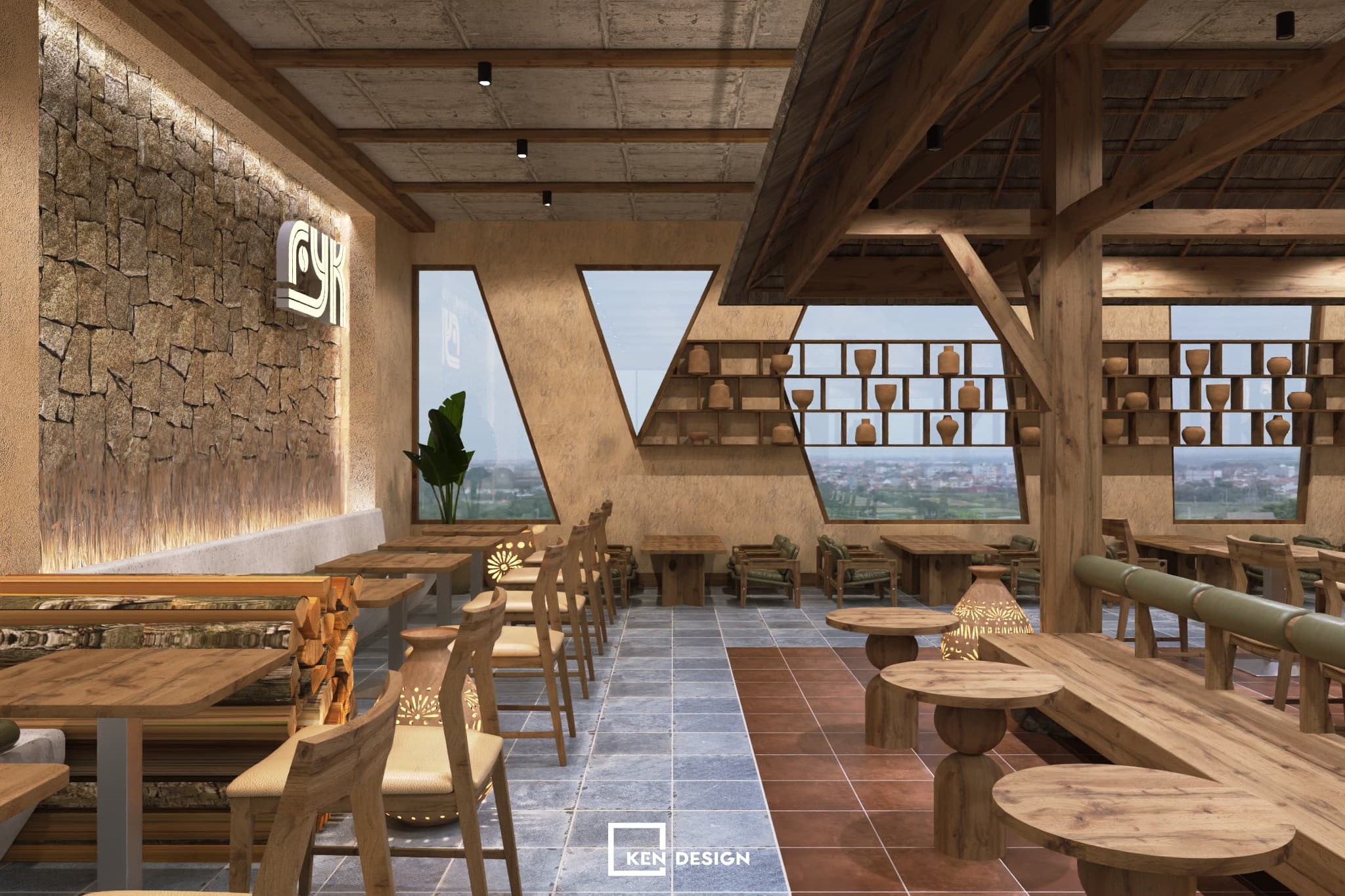 Exposed Concrete Ceiling, Timber Beams, and Stacked Stone Wall Cladding in a Modern Coffee Shop Design