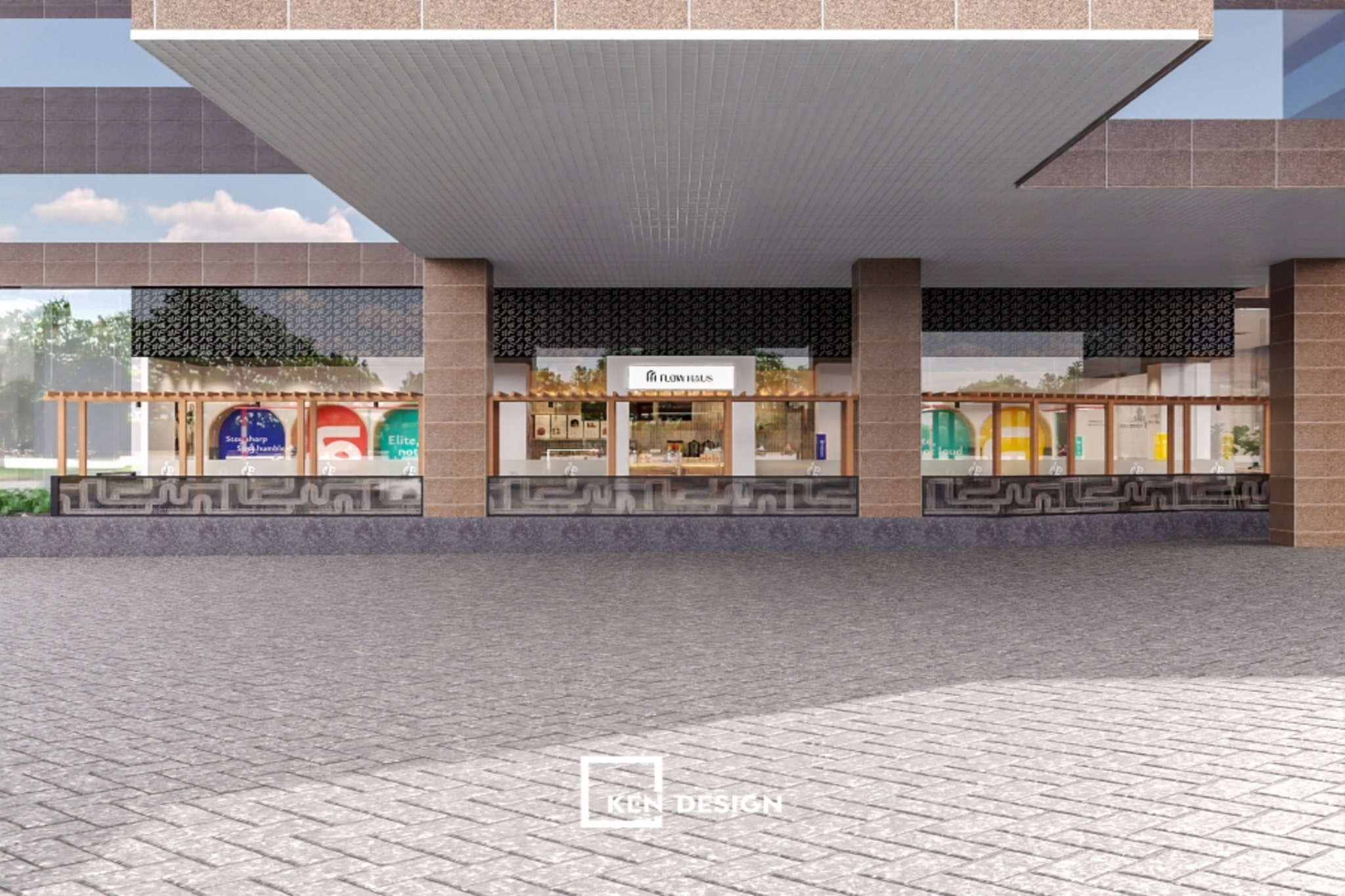 Ground-Floor Facade Featuring Wooden Pergola and Decorative Metal Lattice in a Modern Coffee Shop Design