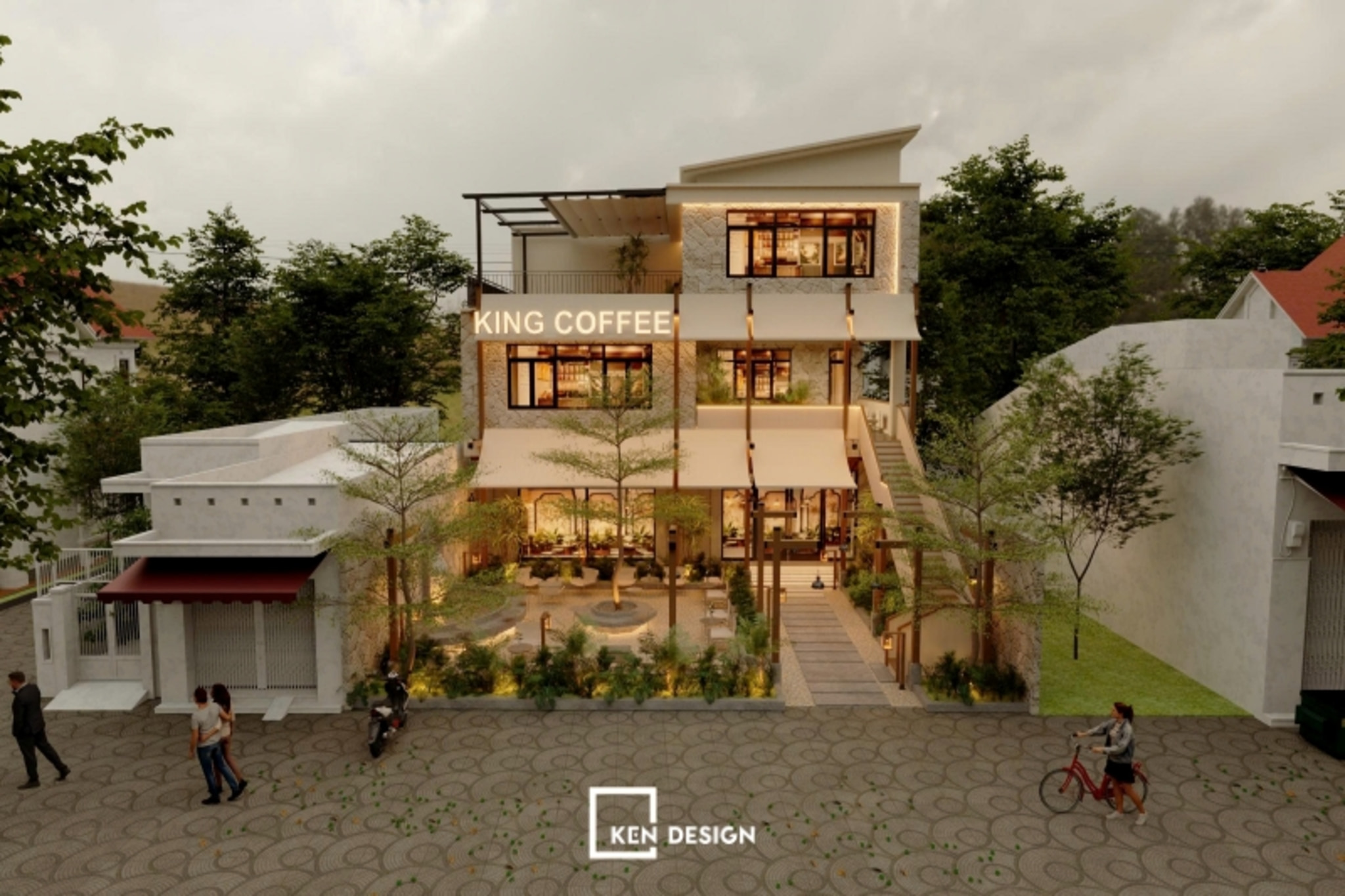 Three-Story Townhouse Facade with Front Garden and Canvas Awning in a Modern Coffee Shop Design