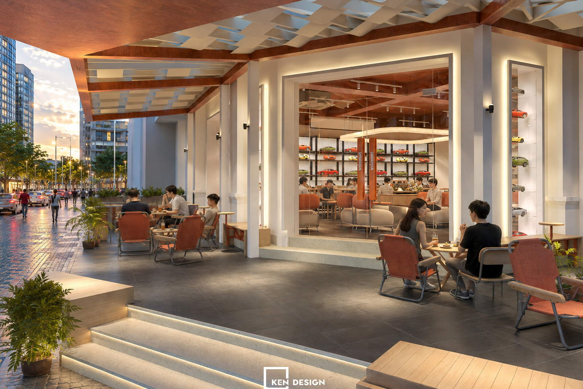 Outdoor Covered Veranda Featuring Orange Foldable Seating and LED-Illuminated Step Risers in a Modern Coffee Shop Design
