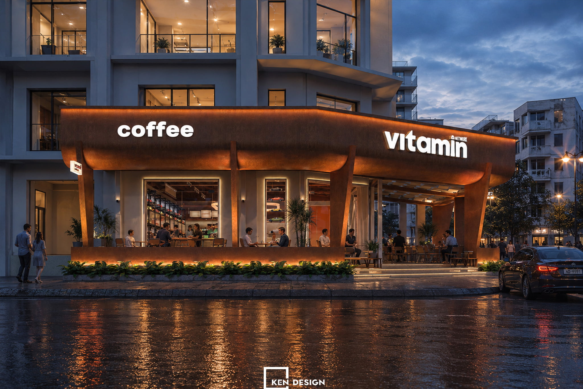 Coffee Shop Facade with an Ochre Canopy in Vitamin Coffee Shop Design