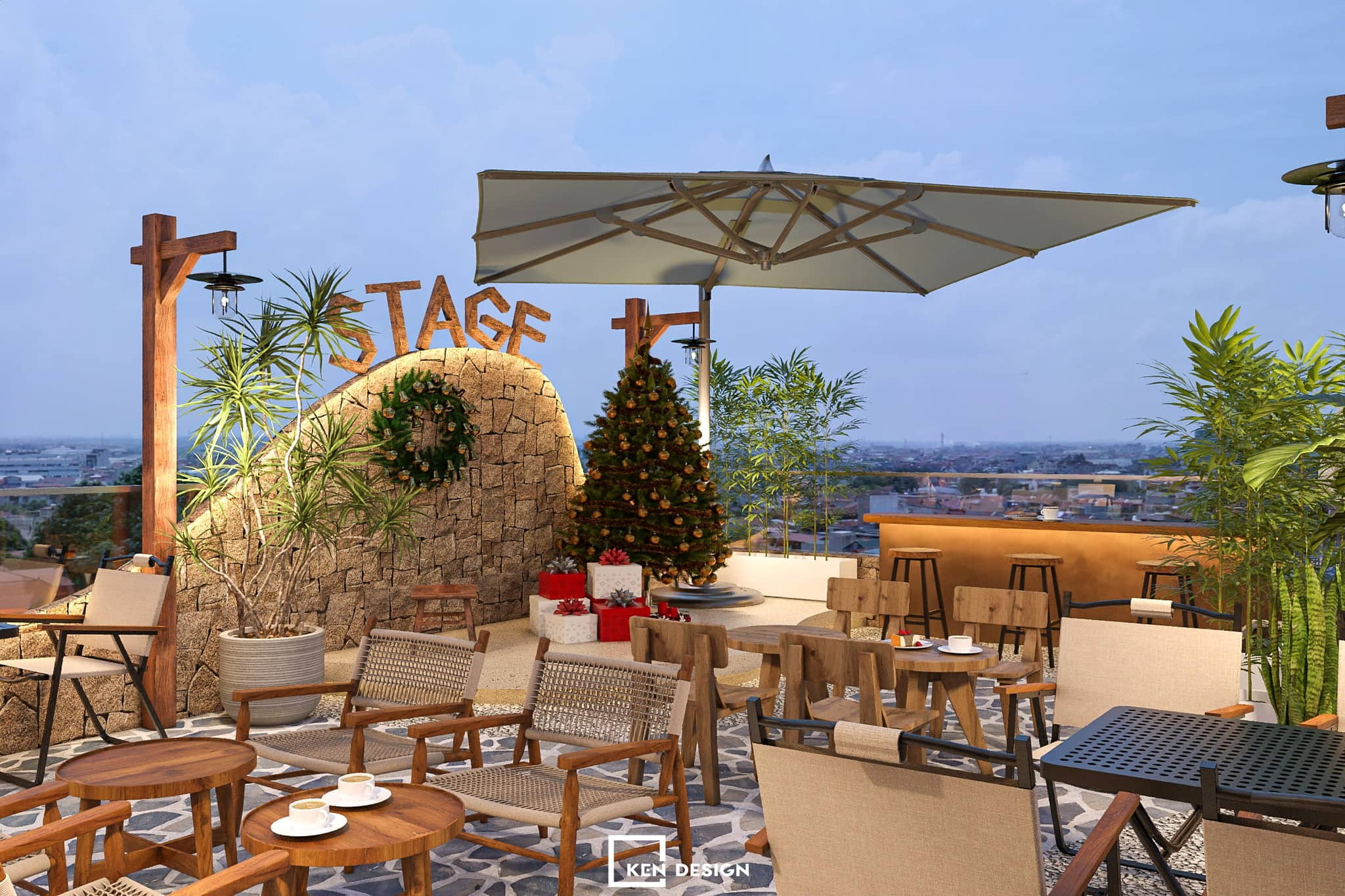 Rooftop Terrace with Patio Umbrellas, Curved Stone Retaining Walls, and Wooden Seating in a Youthful Coffee Shop Design
