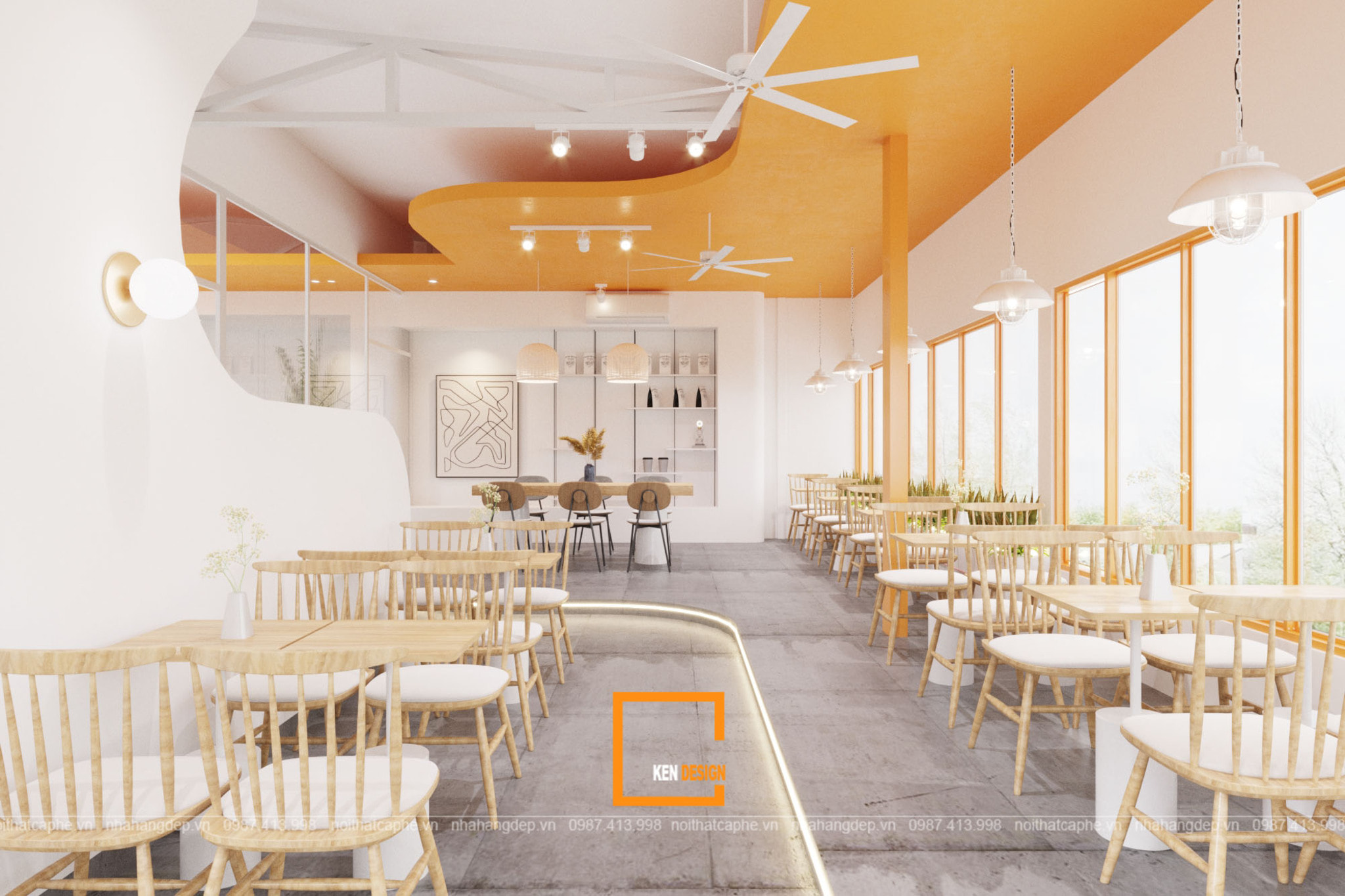 Curved Orange Ceiling and Orange Window Frames in a Youthful Coffee Shop Design