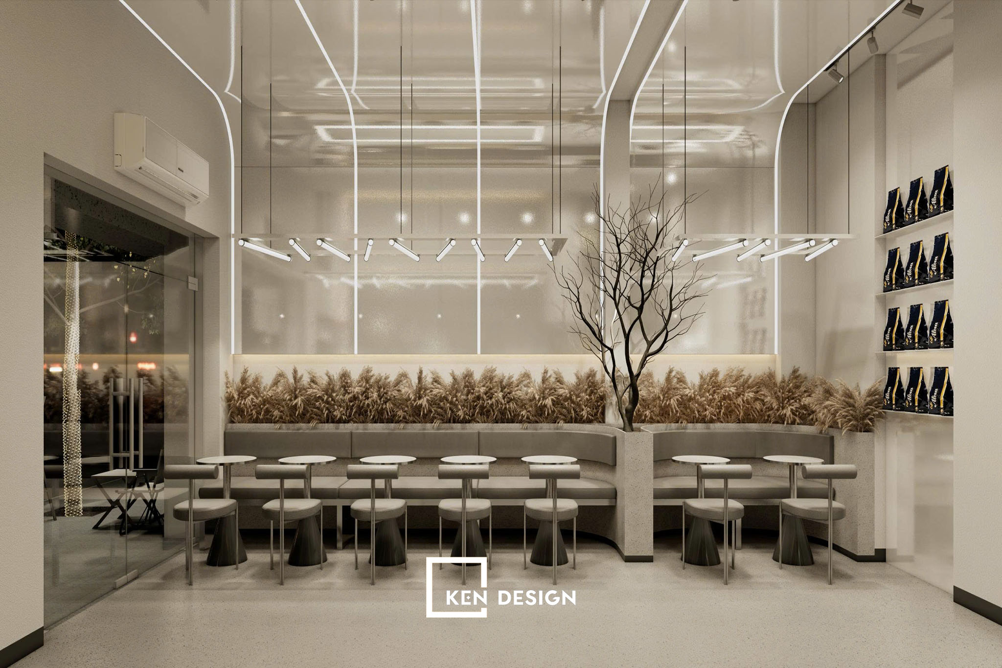 Dried Pampas Grass and Branches Styling in a Minimalist Youthful Coffee Shop Design