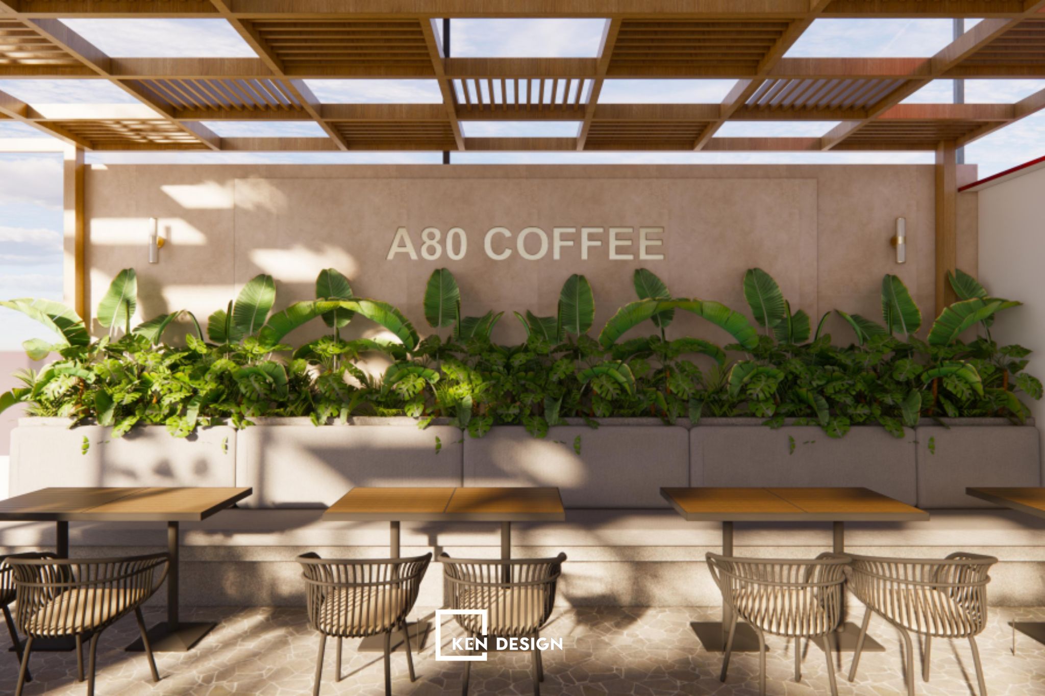 Wooden Pergola Structure with Perimeter Greenery in a Youthful Coffee Shop Design