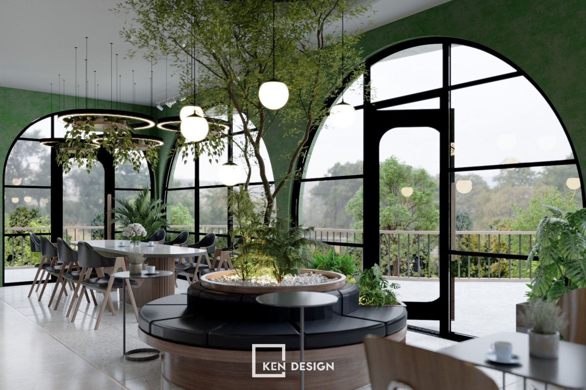 Circular Planter Bench with Indoor Tree and Arched Glass Windows in a Youthful Coffee Shop Design