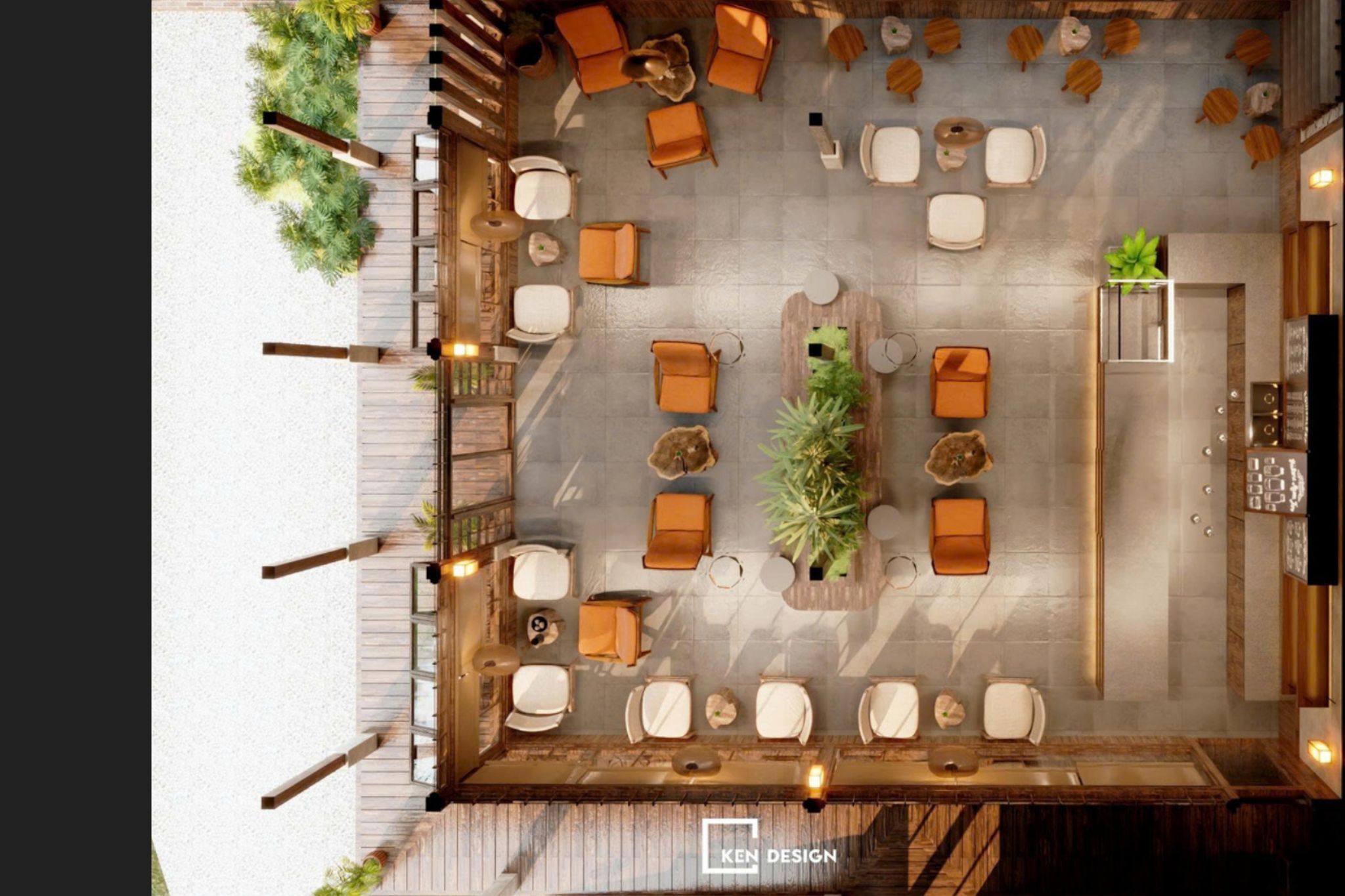 Armchair Seating Zone Surrounding an Elongated Linear Planter Bed in a Youthful Coffee Shop Design