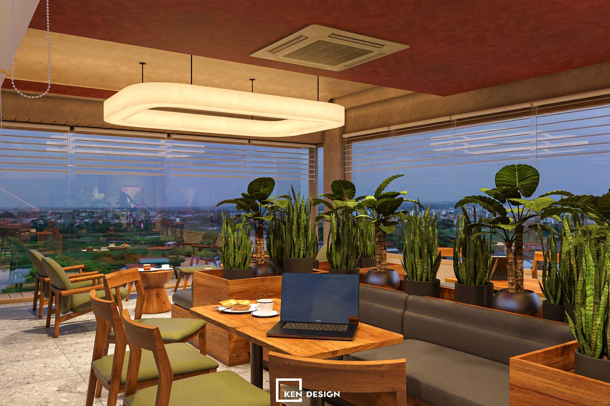 Statement Pendant Light and Windowside Greenery in a Youthful Coffee Shop Design