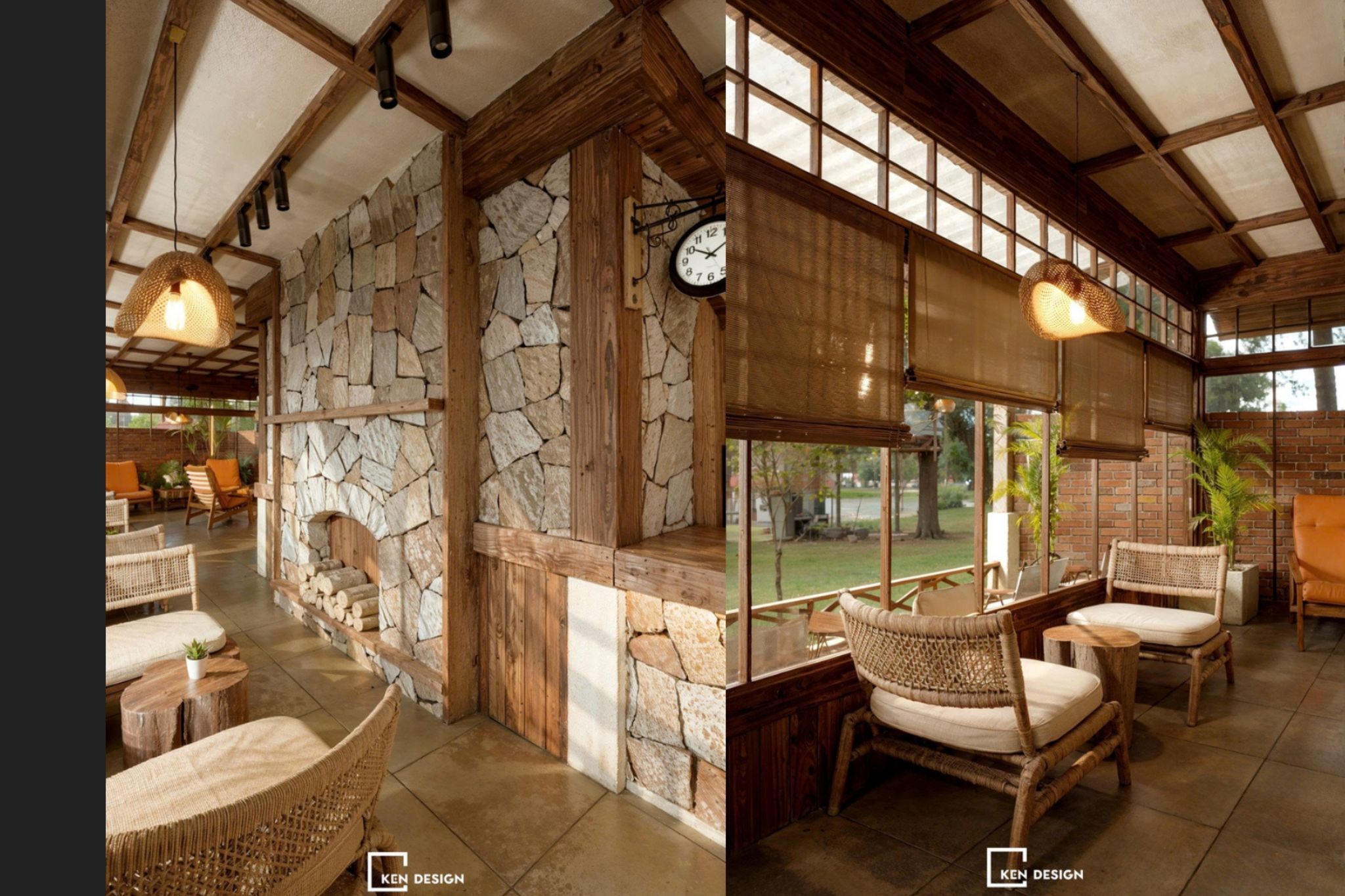 Stacked Stone Wall, Timber Beams, and Rattan Chairs in a Rustic Youthful Coffee Shop Design