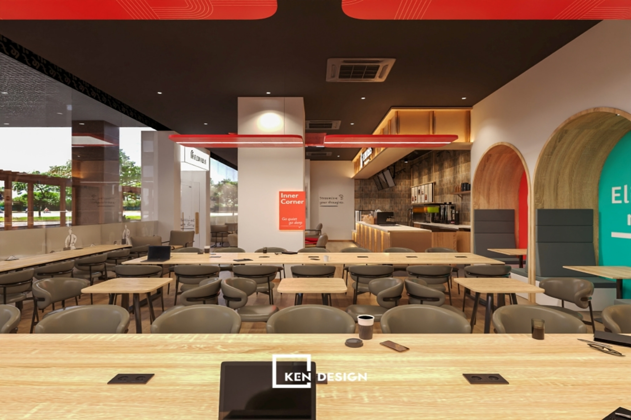 Long Light Wood Table with Flush In-Counter Power Outlets in a Youthful Coffee Shop Design