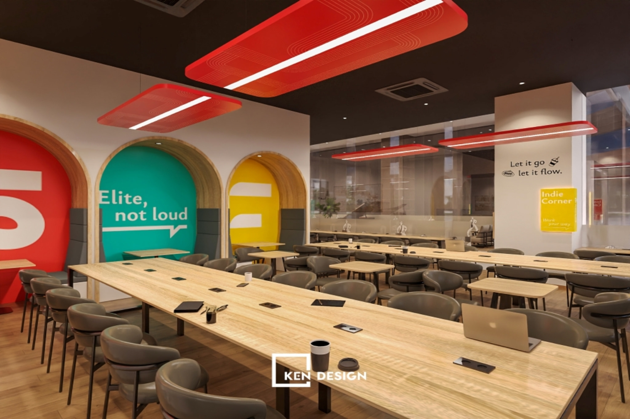 Painted Accent Wall with Bold Typography and Arched Nook in a Youthful Coffee Shop Design