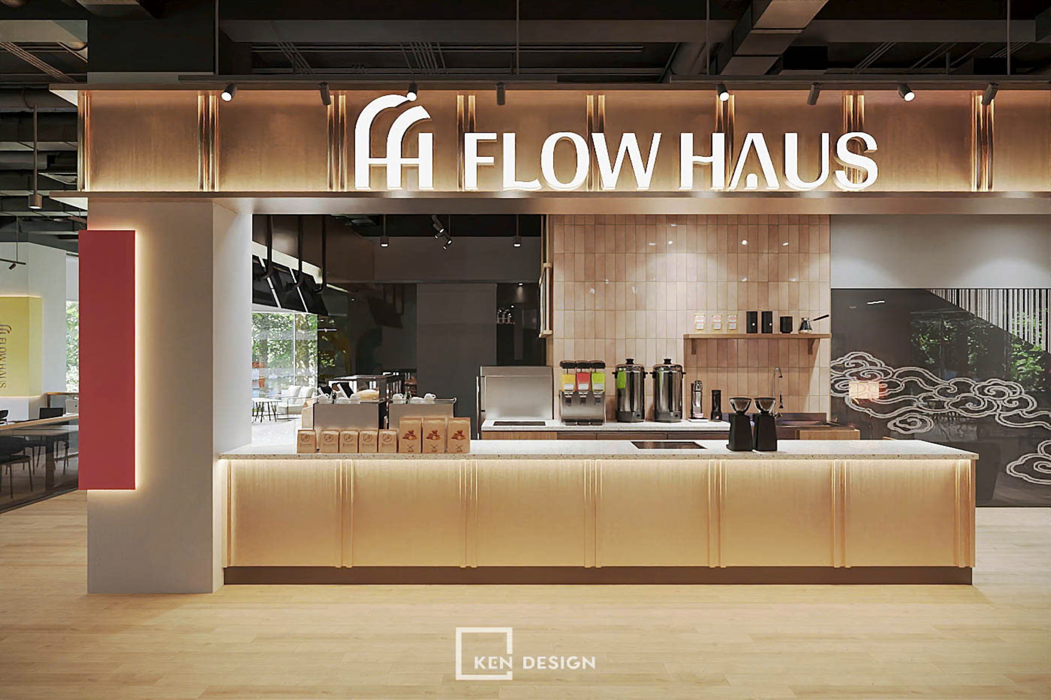Exposed Black Utility Ceiling with Light-Toned Bar Counter in a Youthful Coffee Shop Design