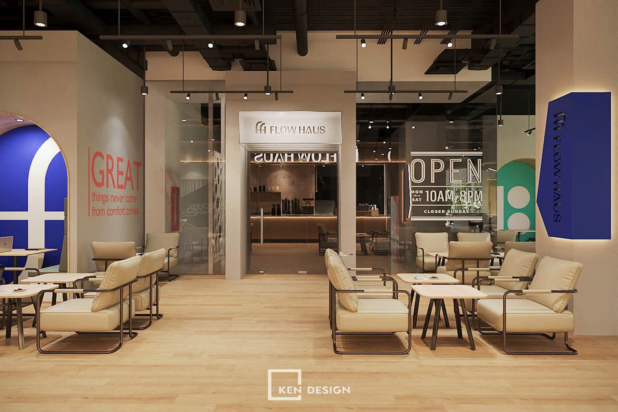 Entrance Lobby with Armchairs and Colorful Feature Wall in a Youthful Coffee Shop Design