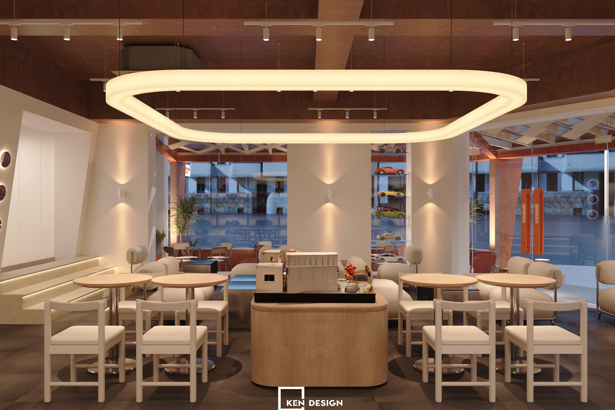 Warm terracotta corner coffee shop design with circular pendant lights