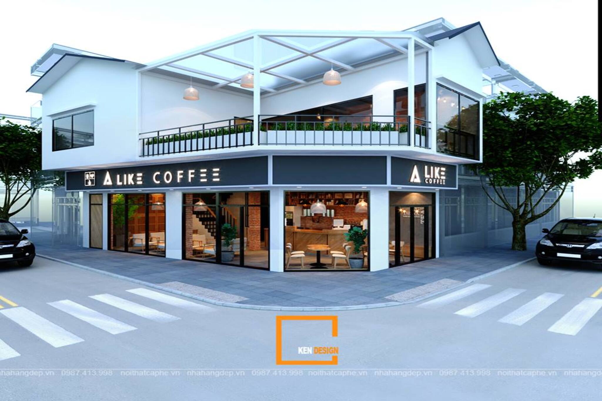 Modern 2-Frontage Coffee Shop Design featuring Corner Wrap-Around Signage and Expansive Glass Windows