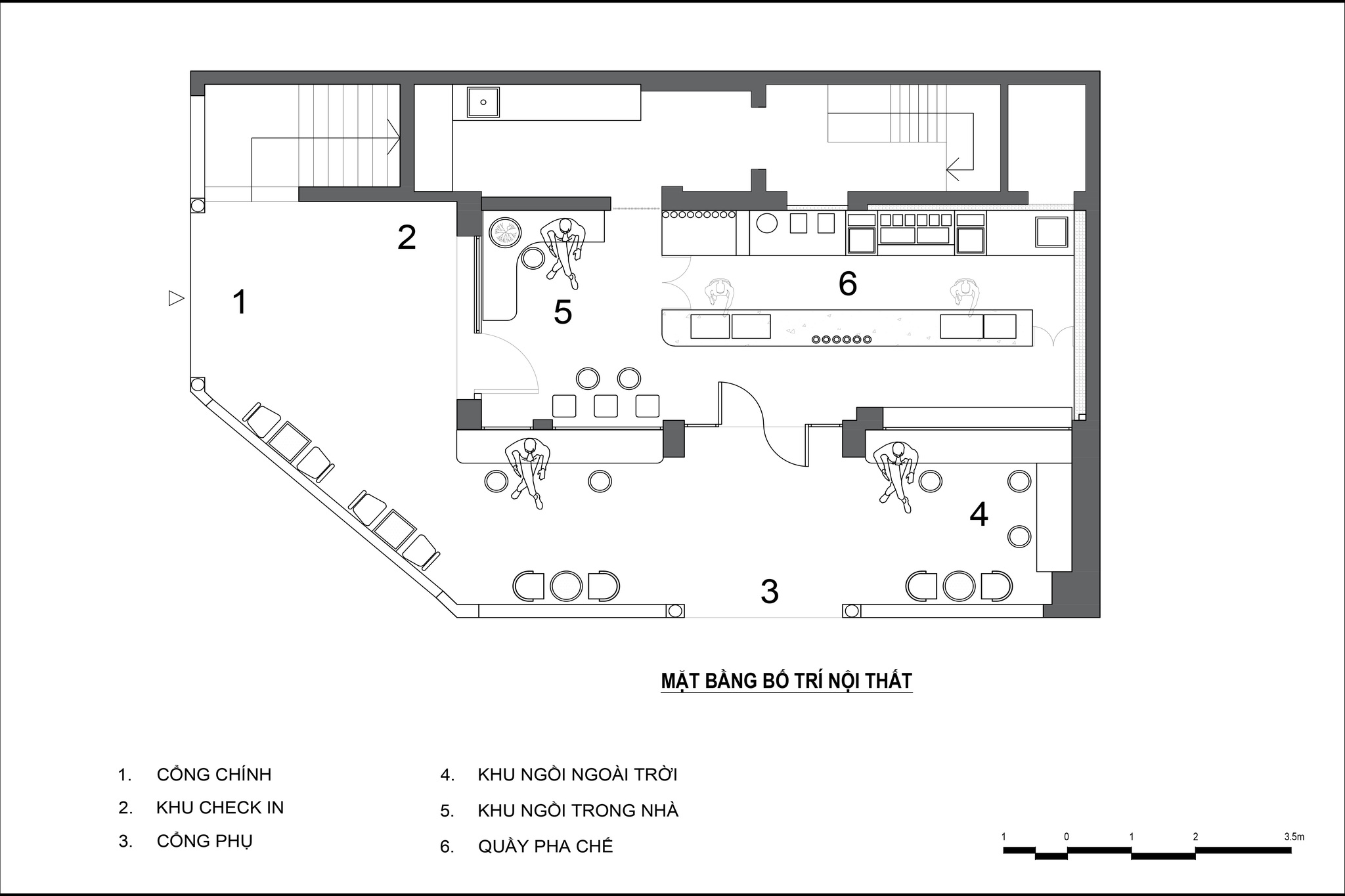 Floor Plan Layout of a Corner Coffee Shop Design Featuring 6 Functional Zones