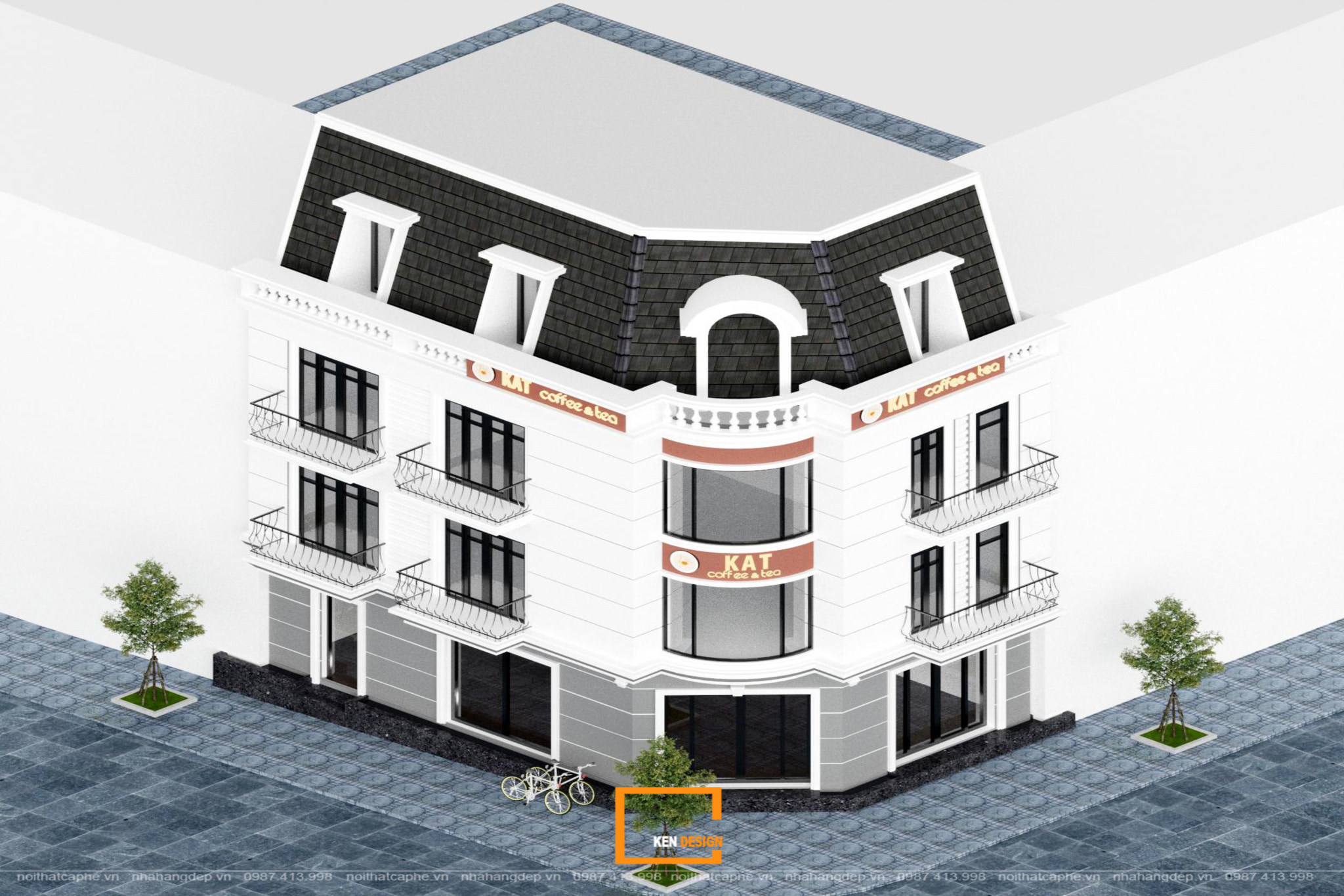 Corner-Lot 2-Frontage Coffee Shop Design featuring Curved Glass and Rounded Corner Signage