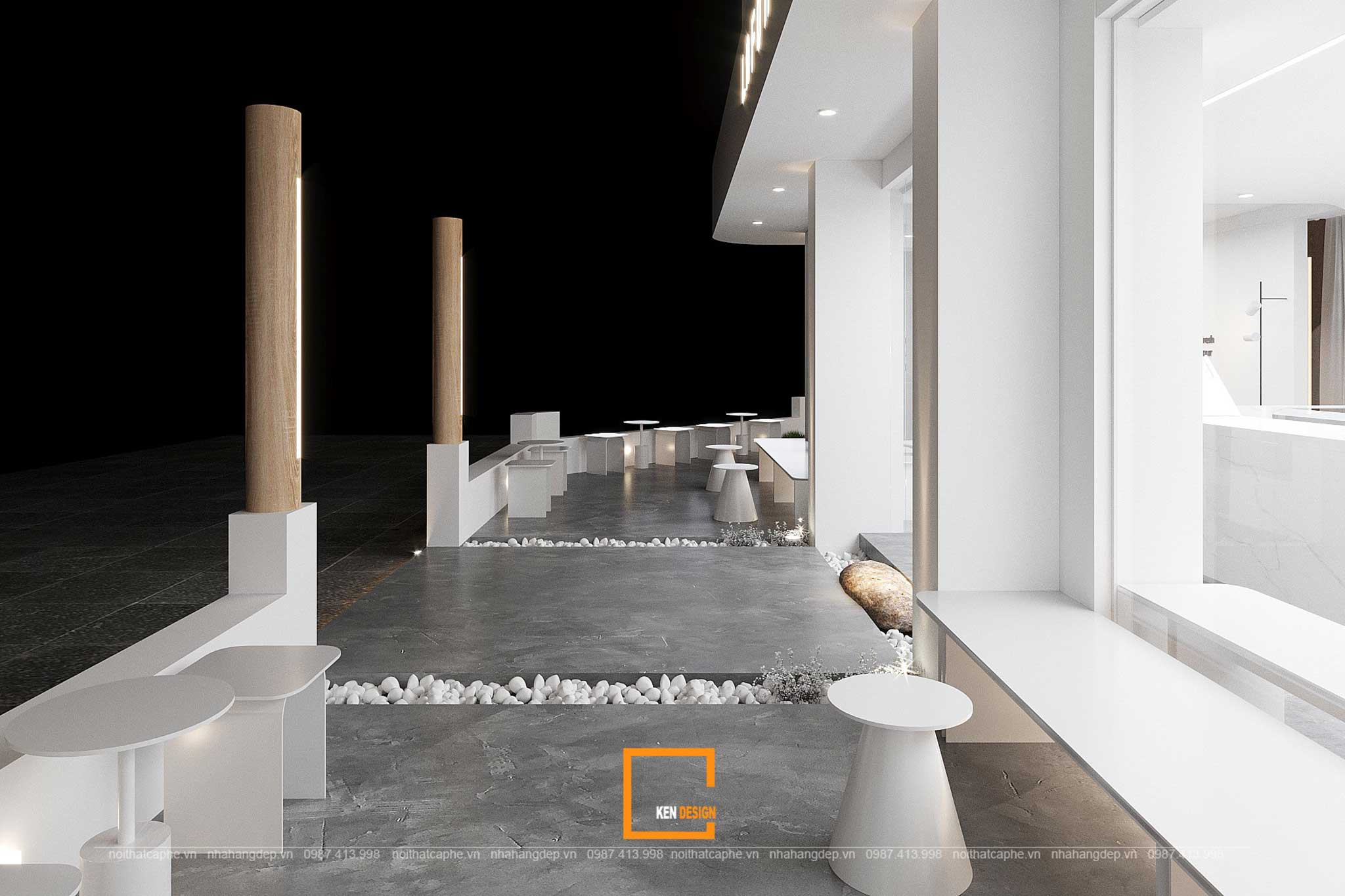 White Pebble Veranda Seating in a Corner Coffee Shop Design