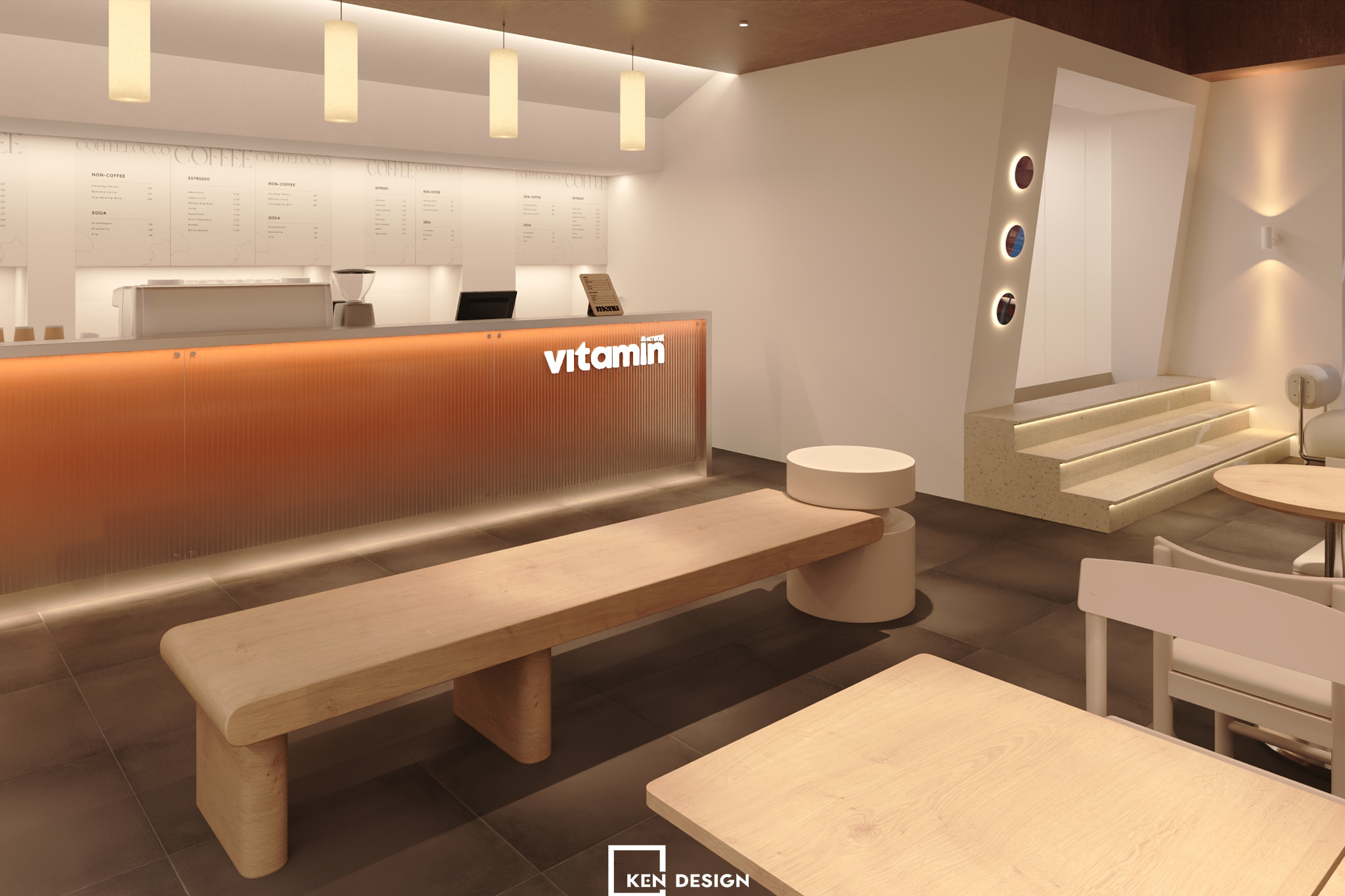 Wooden Bench and Terrazzo Steps in Vitamin Coffee Shop Design