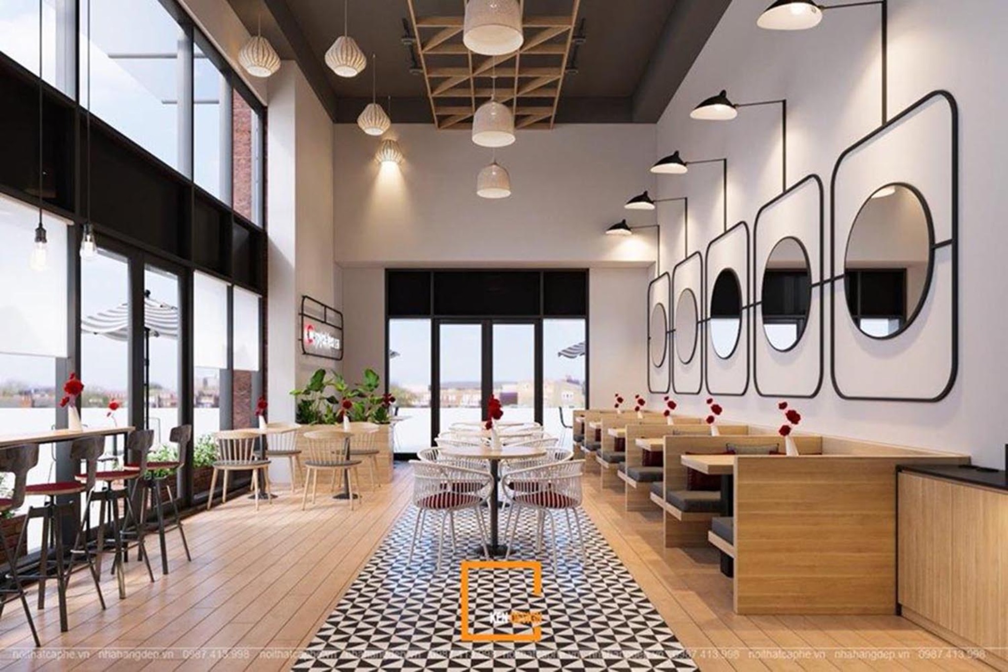 Encaustic cement tile flooring and mirrored walls in a corner coffee shop design