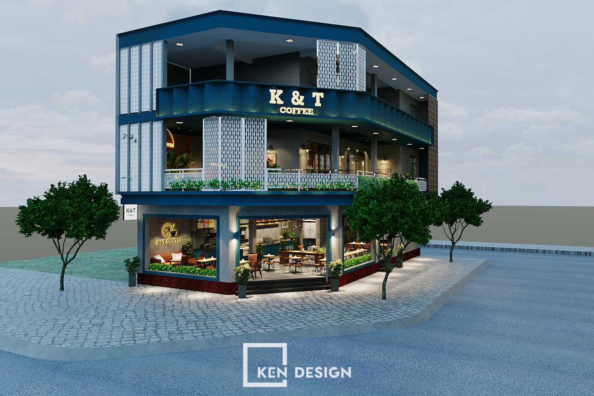 Corner Lot 2-Frontage Coffee Shop Design featuring Perforated Louvers and Greenery Balconies