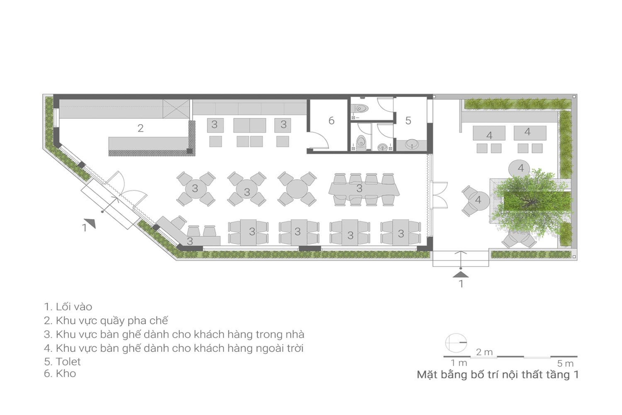 Detailed First Floor Plan of a Corner Coffee Shop Design with a Private Garden