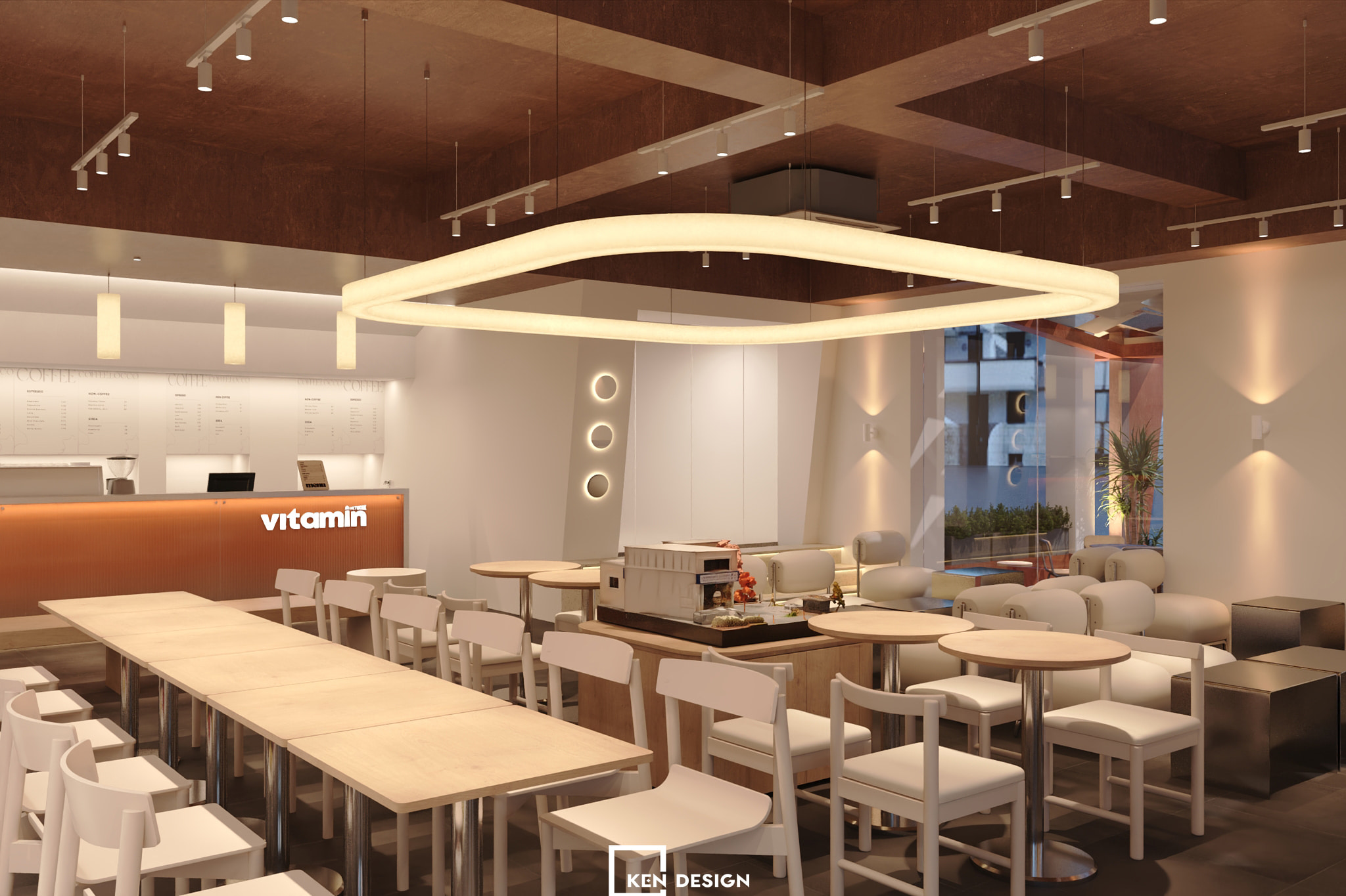 Long Communal Table and Architectural Miniature in Vitamin Coffee Shop Design