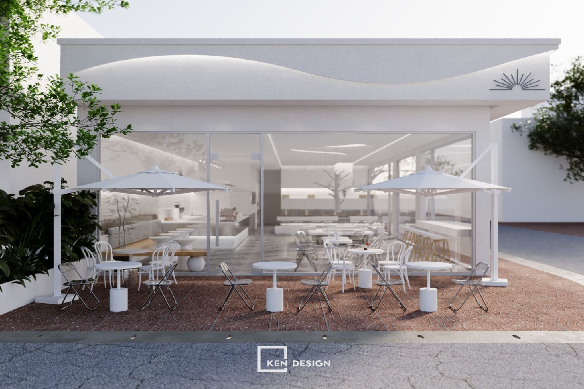 Minimalist White Facade with Soft Architectural Curves in a Corner Coffee Shop Design