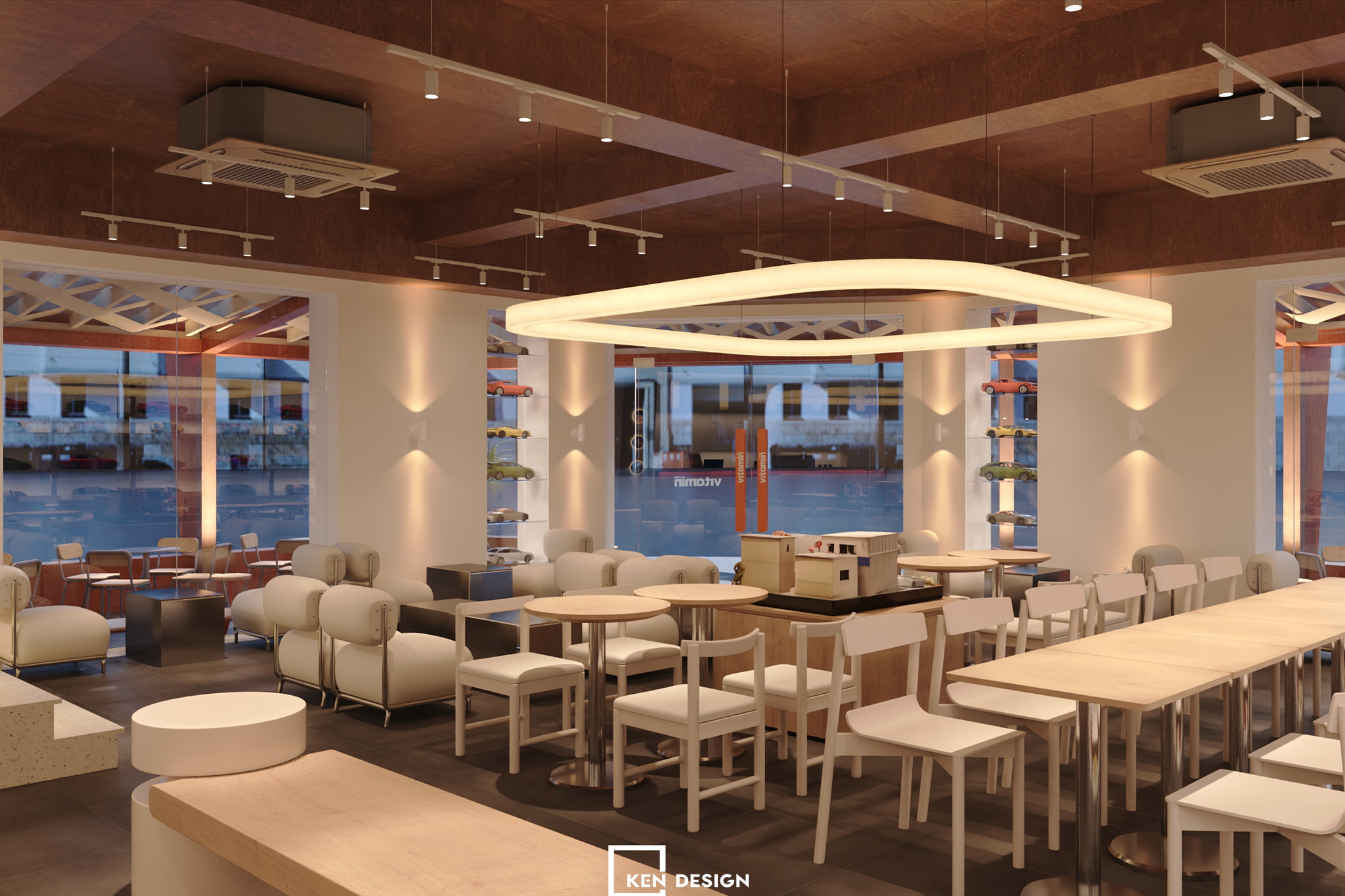 Ring Pendant Light and Crisscrossing Beam Ceiling in Vitamin Coffee Shop Design