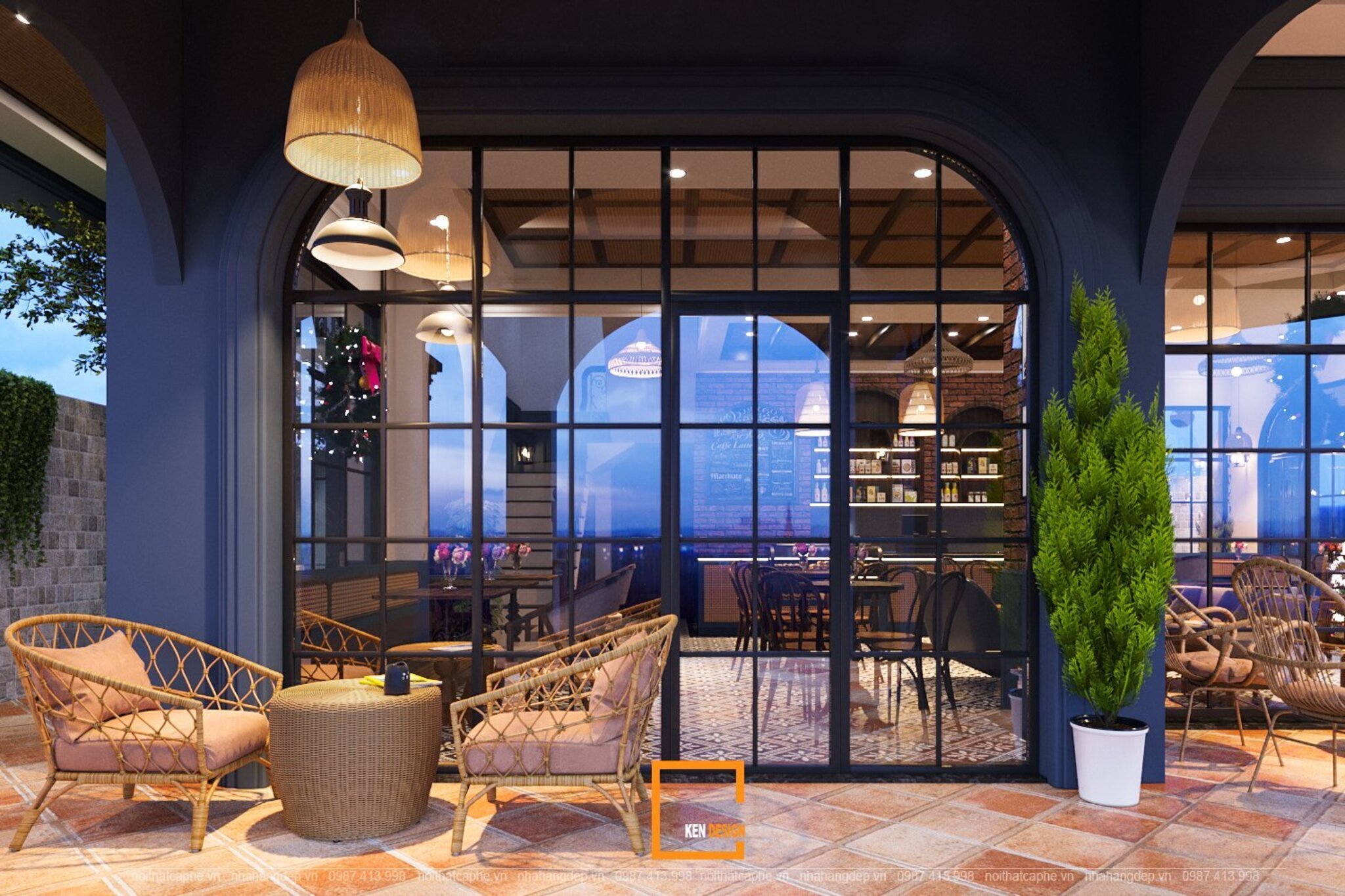 Outdoor Patio of a 2-Frontage Coffee Shop Design featuring Rattan Chairs and Arched Glass Doors