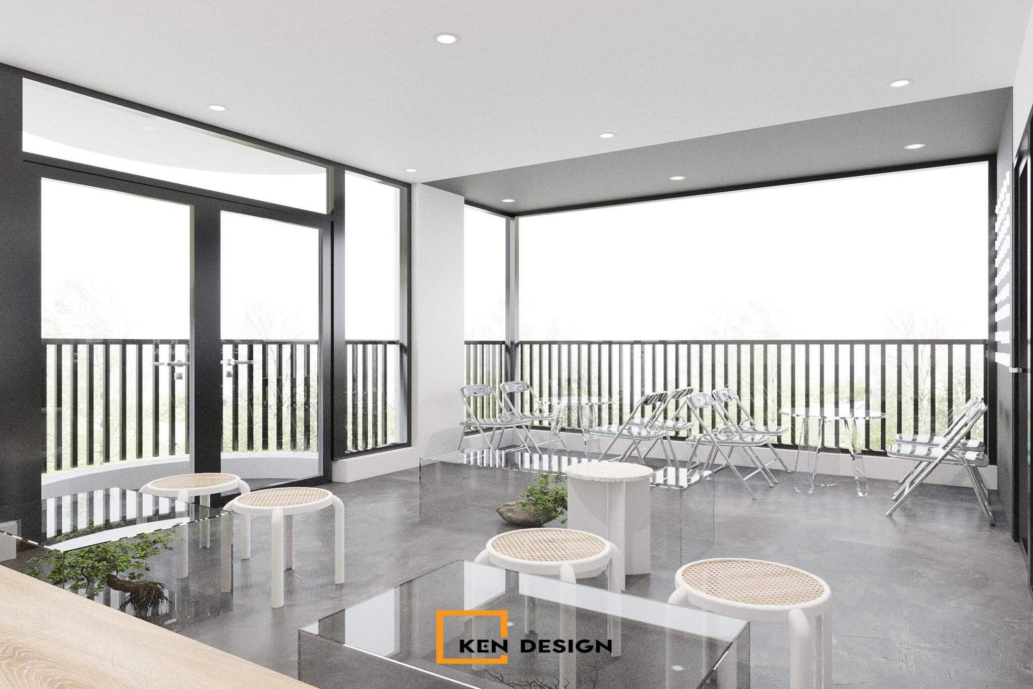 Upper-Level Balcony of a Corner Coffee Shop Design