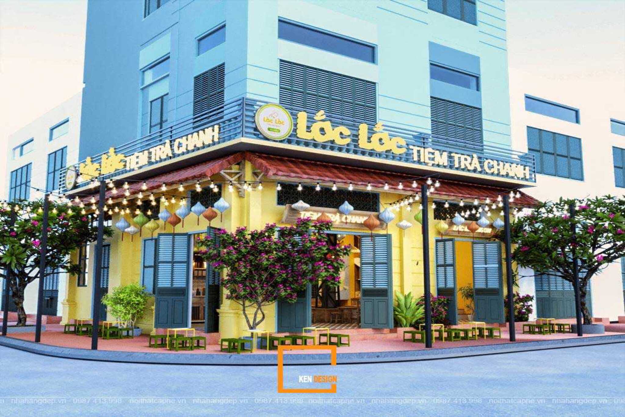 Retro-Style 2-Frontage Coffee Shop Design featuring Green Louvered Shutters and Lanterns