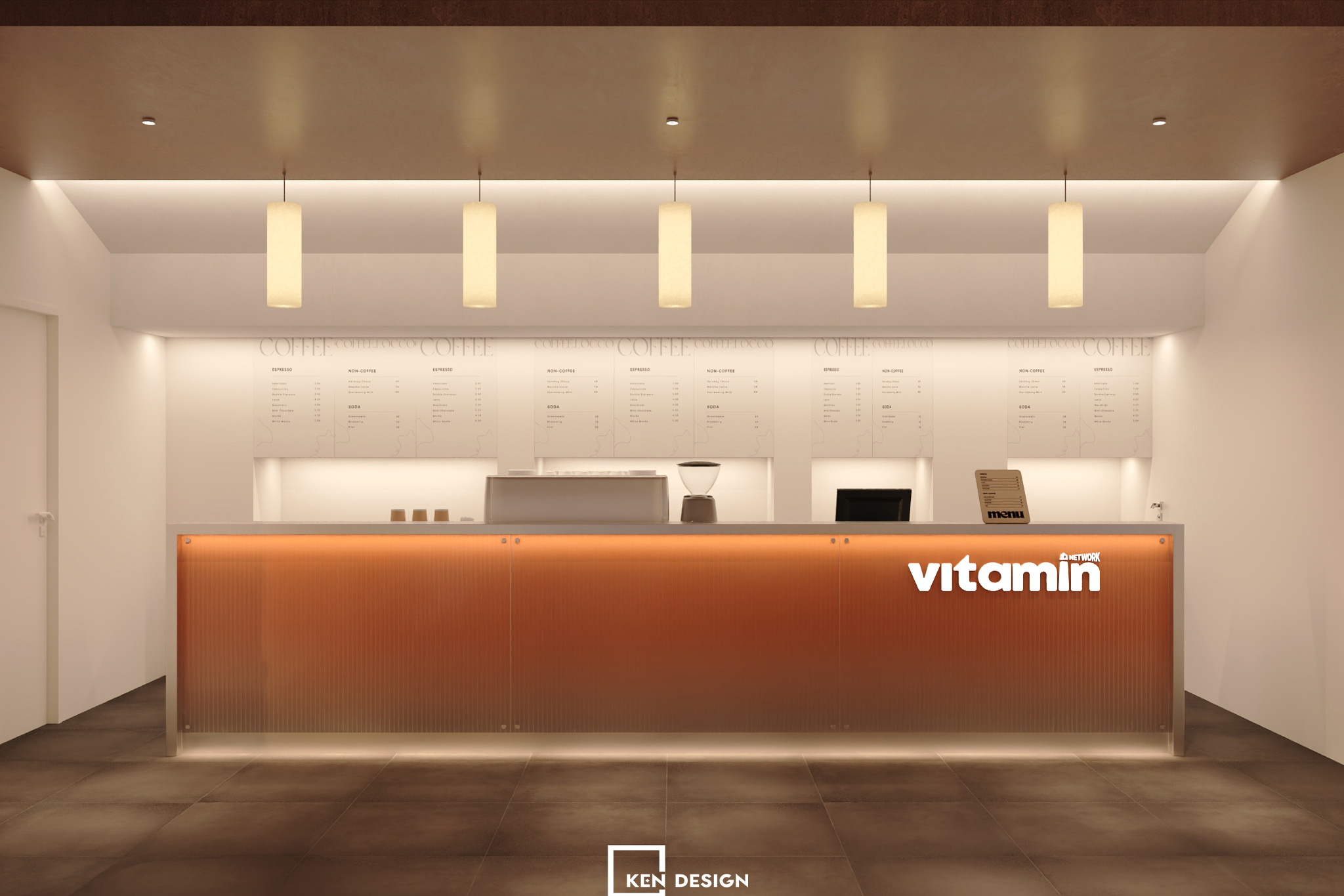 Orange Fluted Bar Counter in Vitamin Coffee Shop Design
