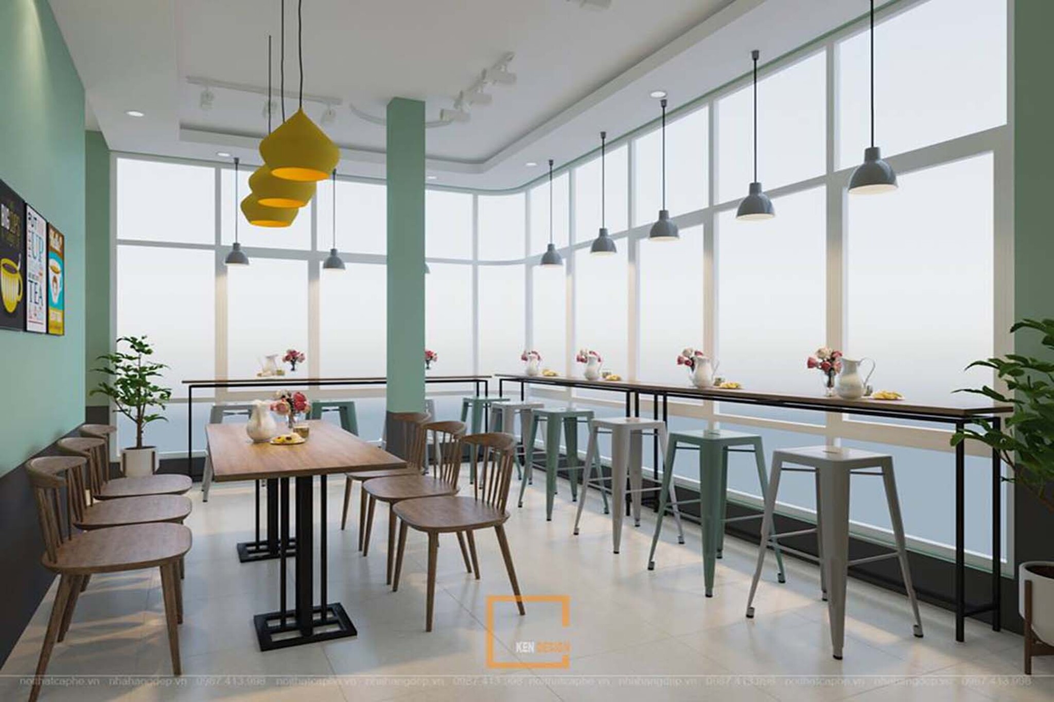 Window-facing bar counter in a pastel green corner coffee shop design