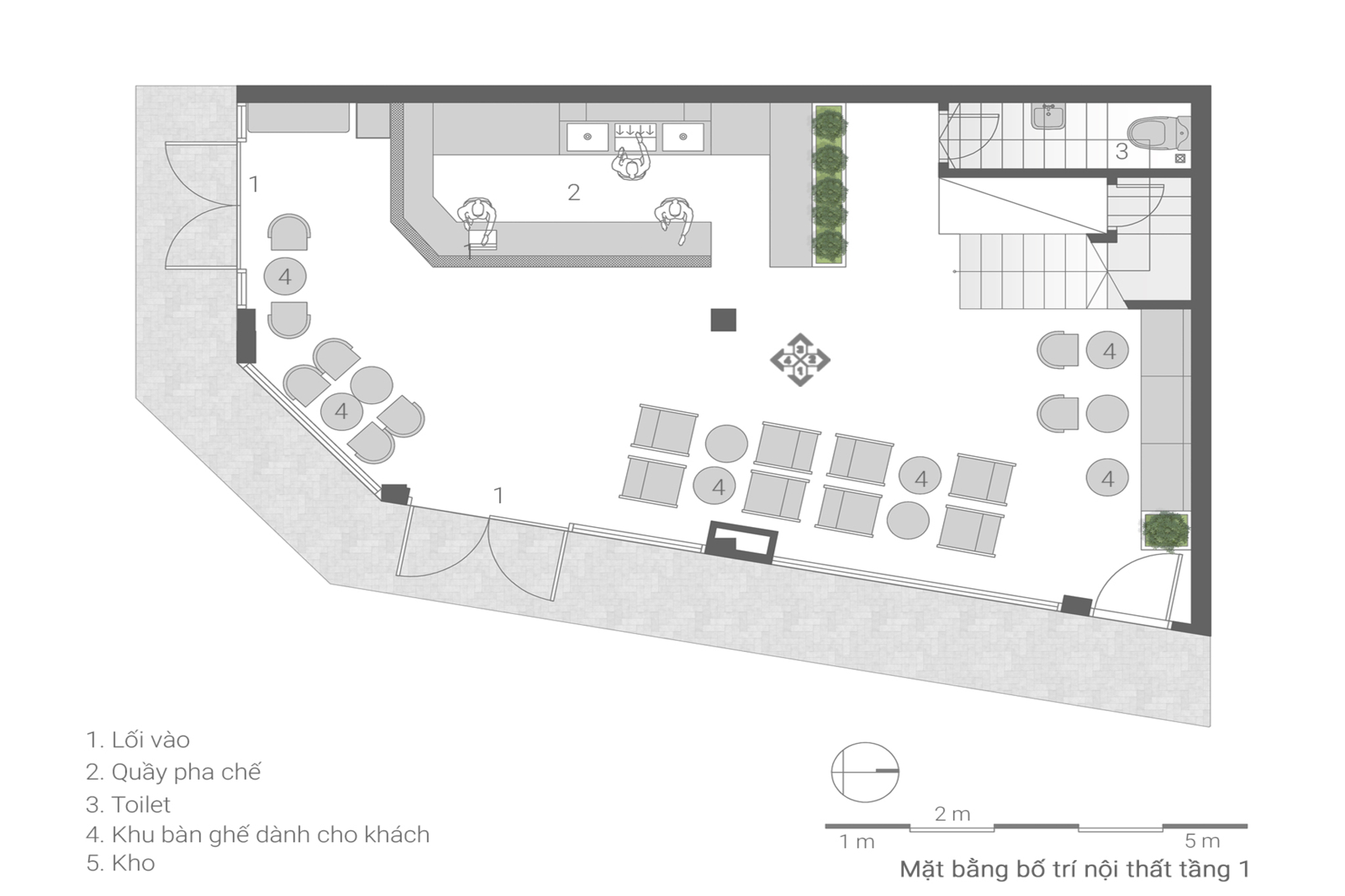 Interior Floor Plan of a 2-Frontage Coffee Shop Design featuring Primary and Secondary Entrances