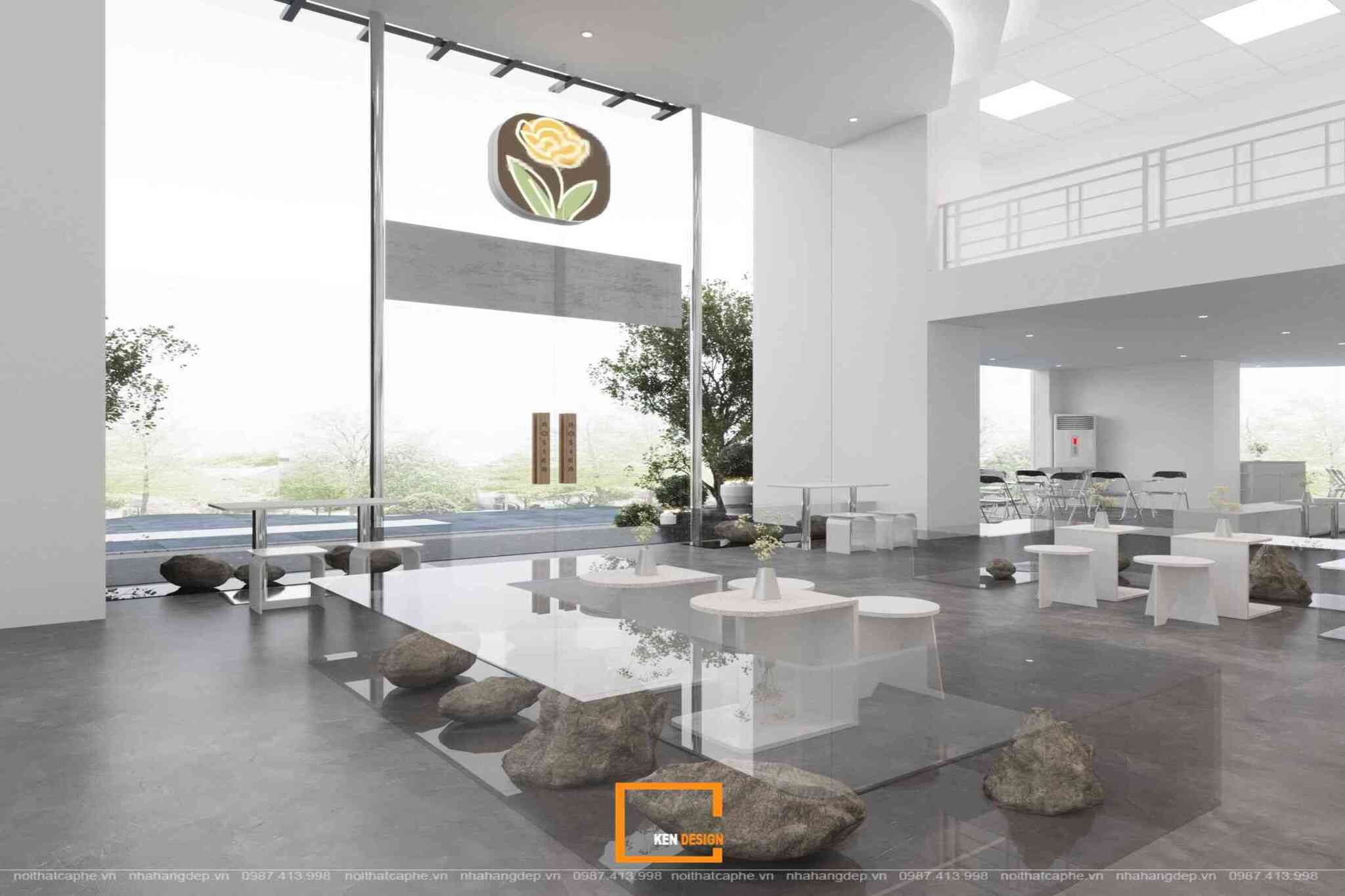 Double-Height Entrance Lobby in a Minimalist Corner Coffee Shop Design