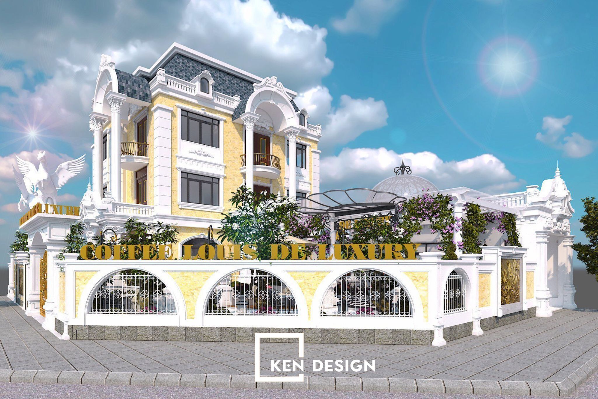 Neoclassical Villa Corner Coffee Shop Design featuring Arched Fencing