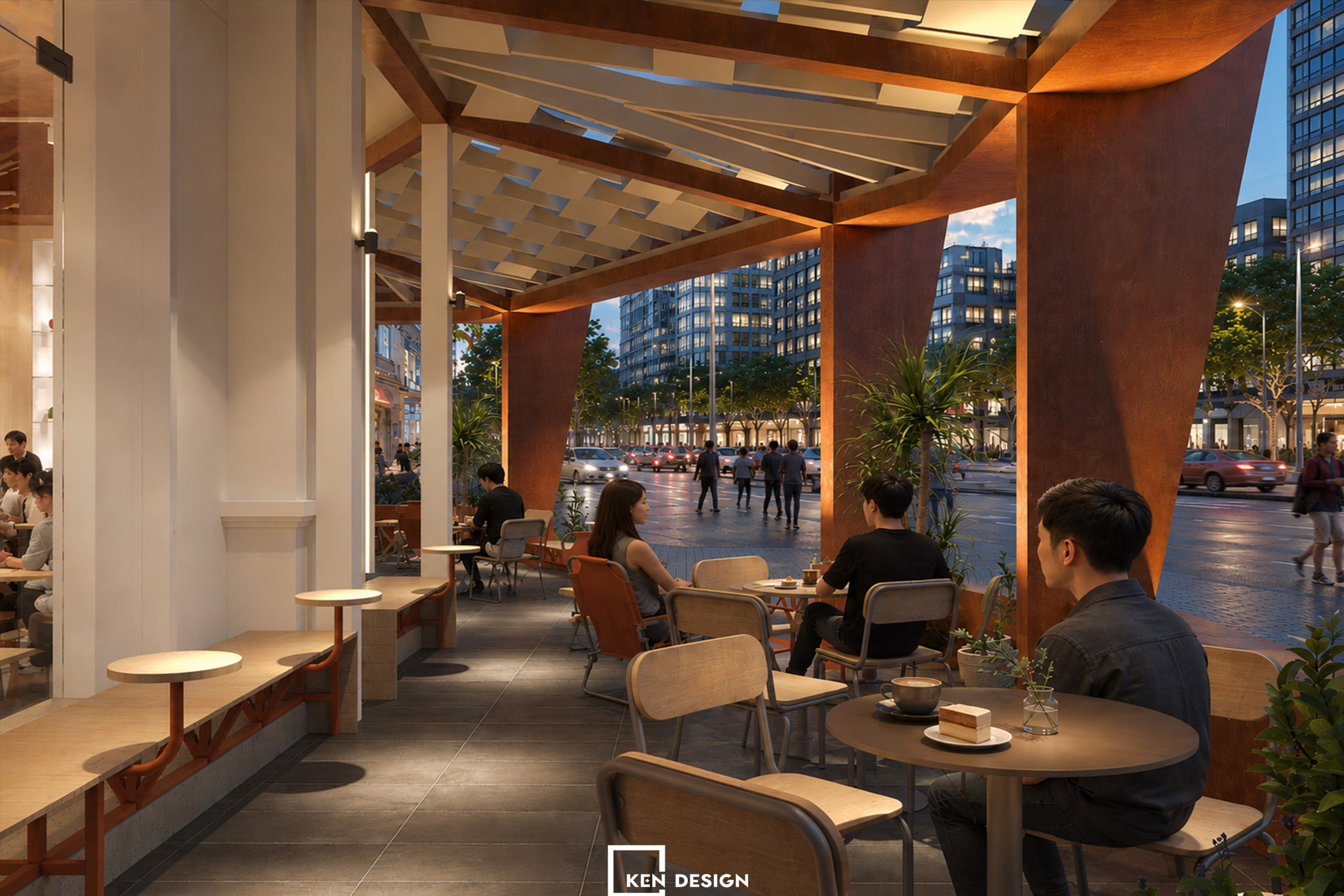 Outdoor Patio with Orange Folding Chairs in Vitamin Coffee Shop Design