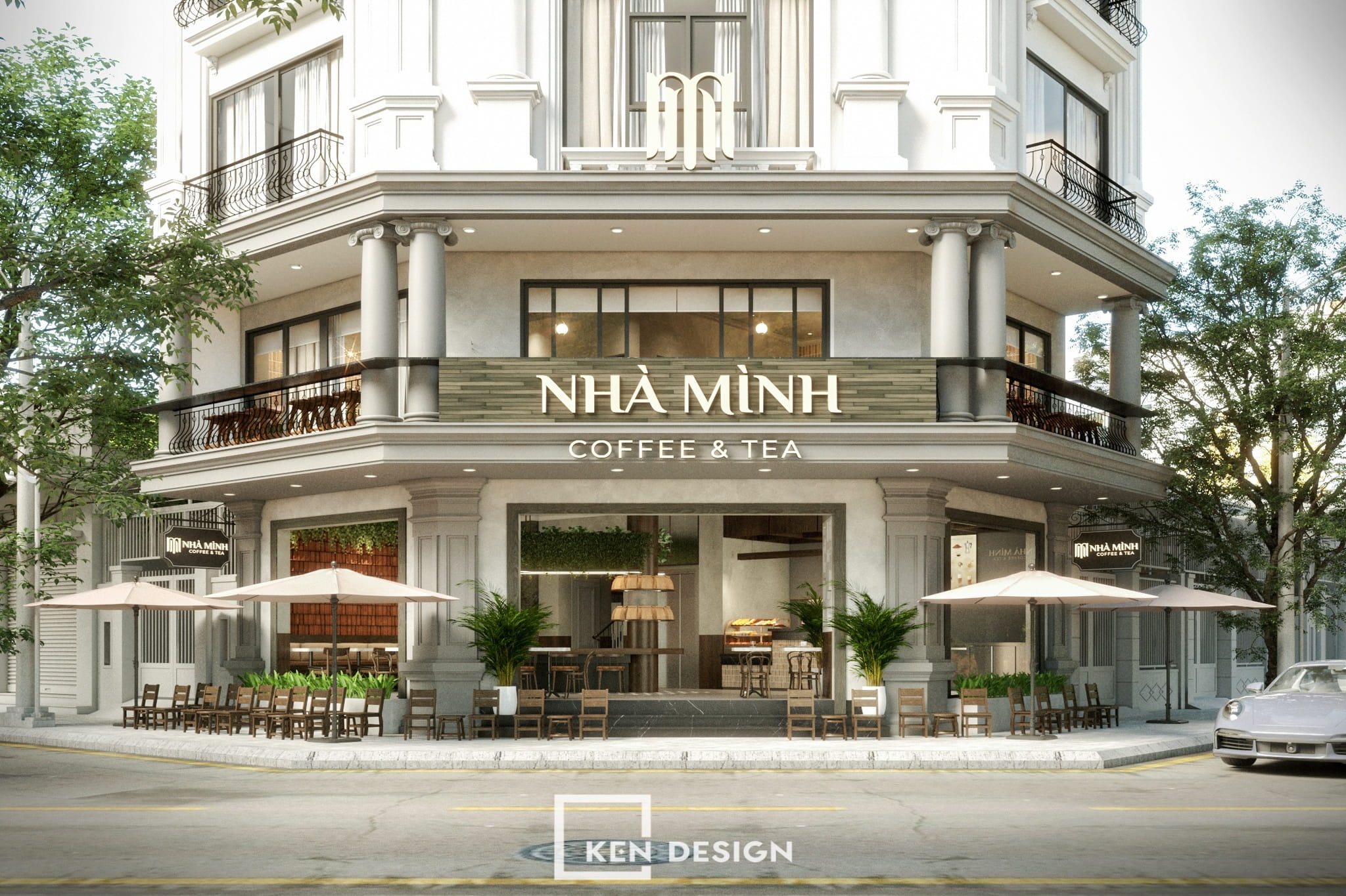 2-Frontage Coffee Shop Design featuring Outdoor Umbrellas and Wooden Sidewalk Seating