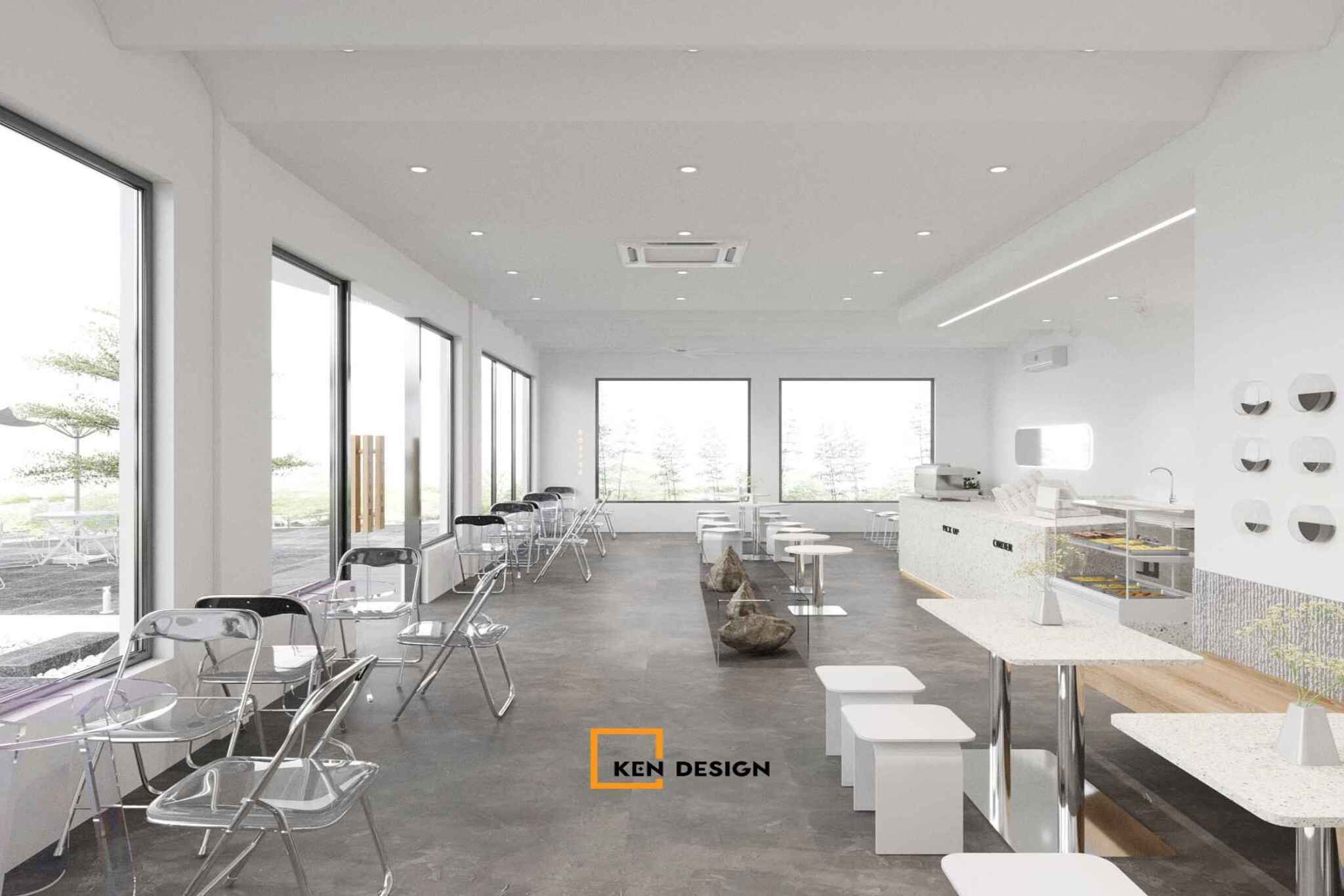 Order counter and seating area in a white corner coffee shop design