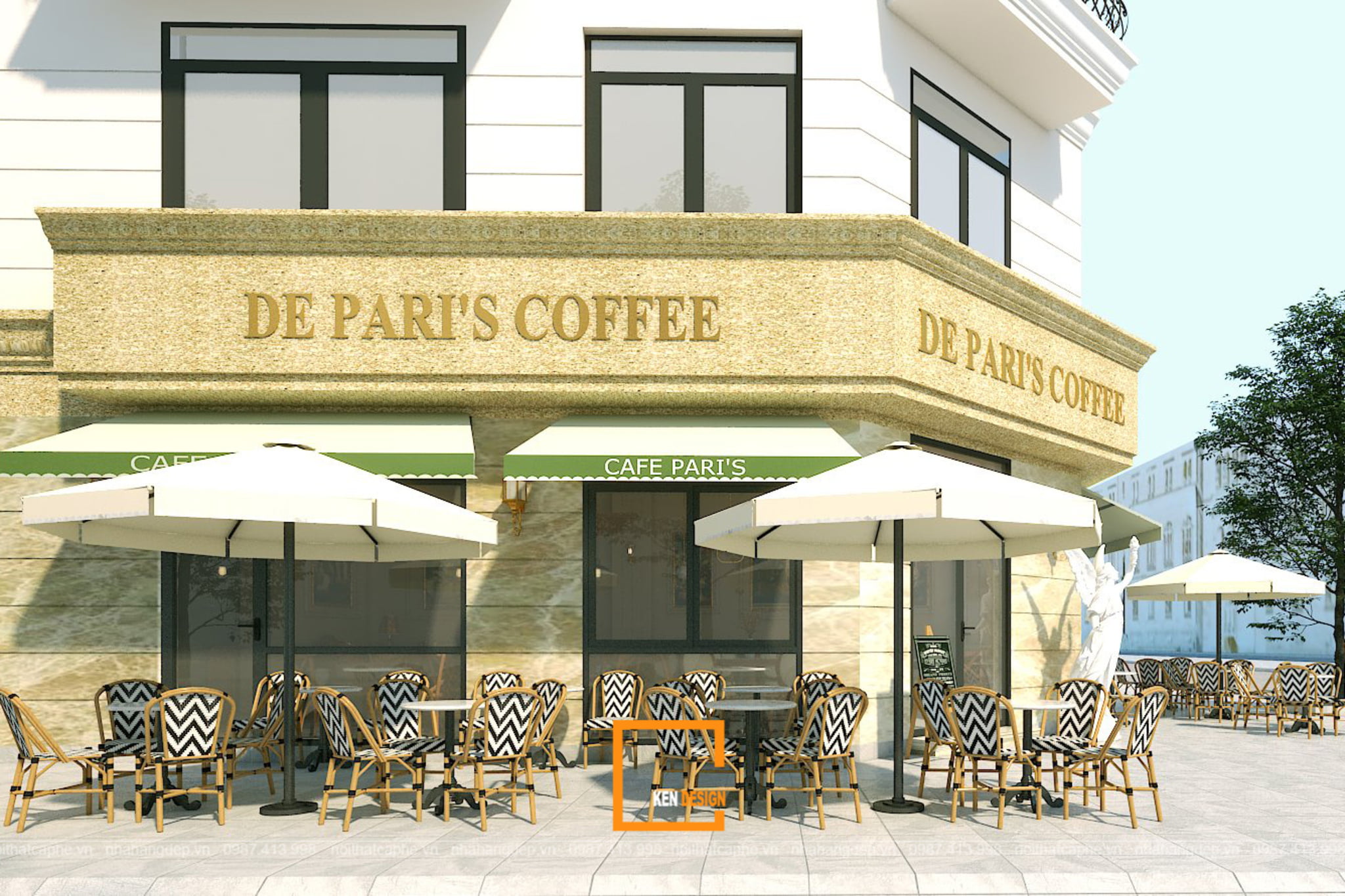 Neoclassical 2-Frontage Coffee Shop Design featuring Gold Lettering and Green Awnings