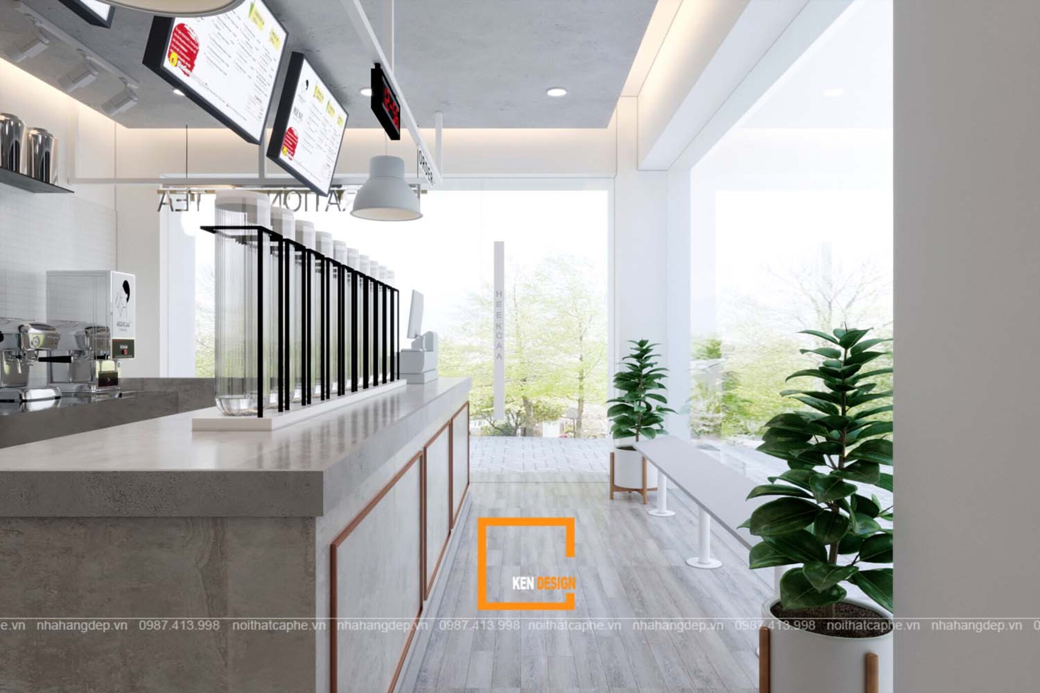 Light-Colored Service Bar with Branding Accents in a Corner Coffee Shop Design